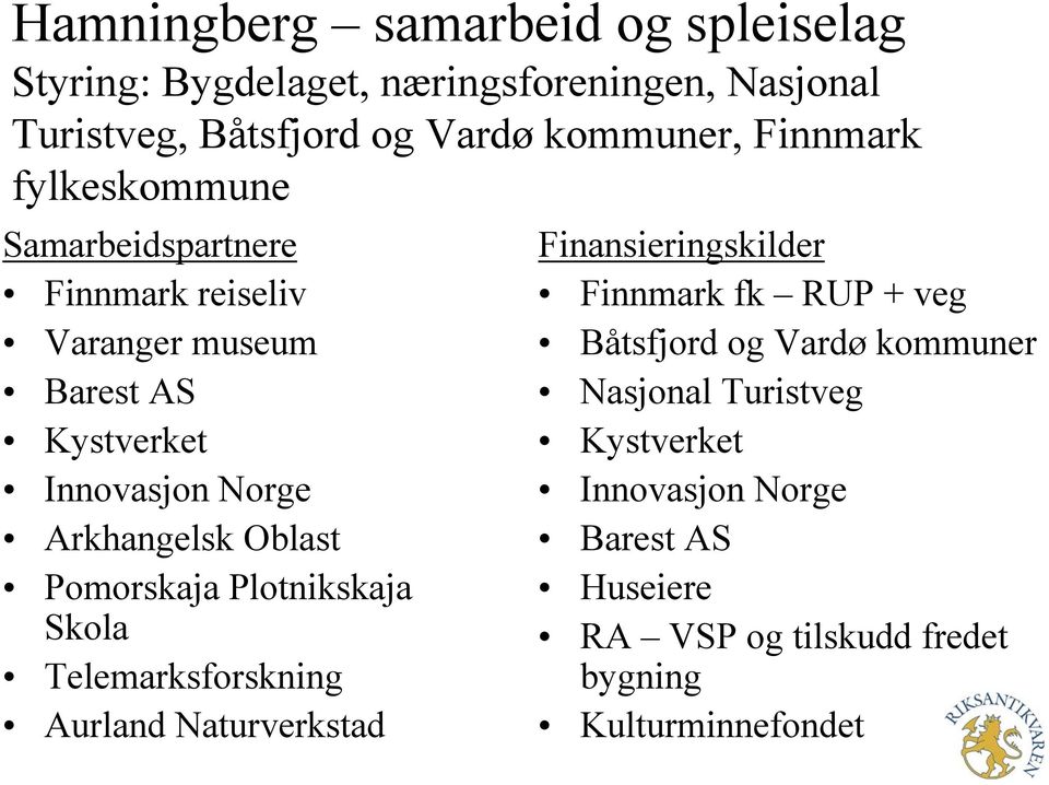 Oblast Pomorskaja Plotnikskaja Skola Telemarksforskning Aurland Naturverkstad Finansieringskilder Finnmark fk RUP + veg