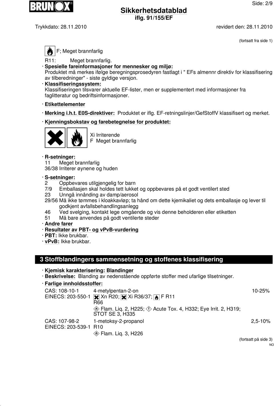 Klassifiseringssystem: Klassifiseringen tilsvarer aktuelle EF-lister, men er supplementert med informasjoner fra faglitteratur og bedriftsinformasjoner. Etikettelementer Merking i.h.t. E0S-direktiver: Produktet er iflg.