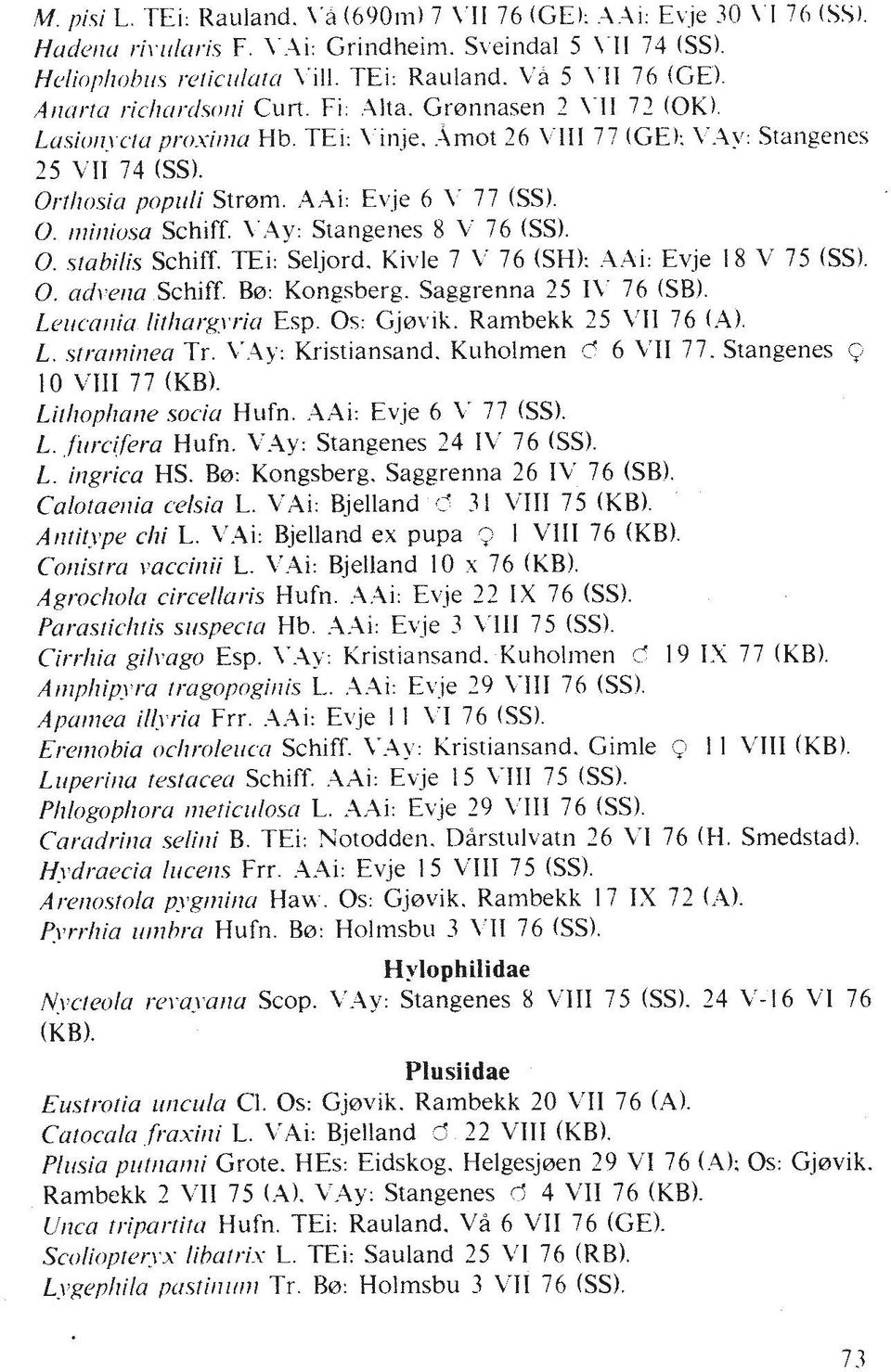 Orthosin poplrli Strom. AXi: Evje 6 \. 77 6s). 0. riliriiosa Schiff. \..4y: Stangenes 8 V 76 (SS). 0..stabilis Schiff. TEi: Seljord. Kivle 7 V 76 (SH):.I\Ai: Evje 18 V 75 (SS). 0. adl.elia Schiff.