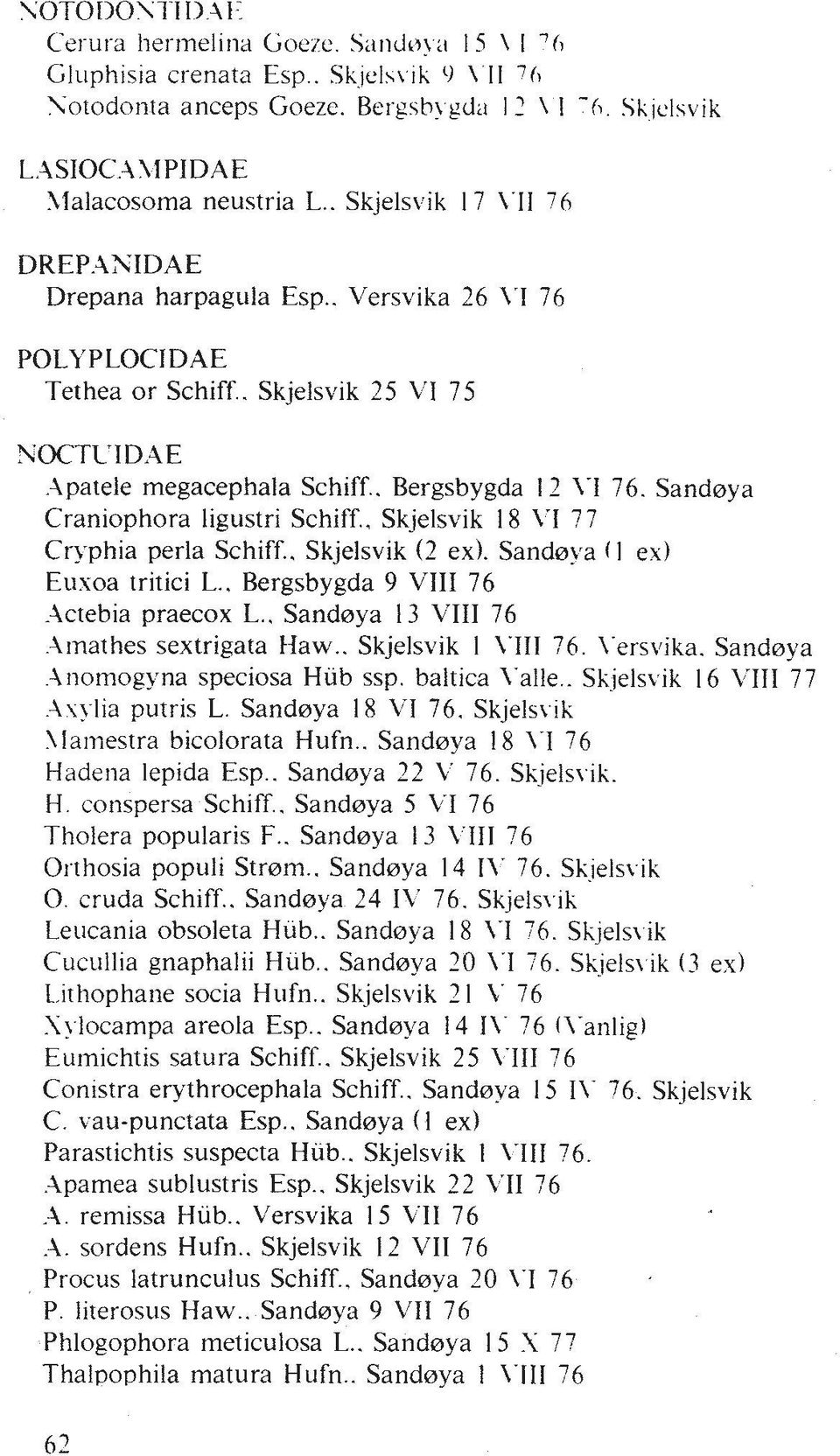 . Bergsbygda I2 \I 76. Sandnya Craniophora ligustri Schiff.. Skjelsvik 18 \-I 77 Cryphia perla Schiff.. Skjelsvik (2 ex). Sandnya ( I ex) Euxoa tritici L.. Bergsbygda 9 VIII 76.\ctebia praecox L.