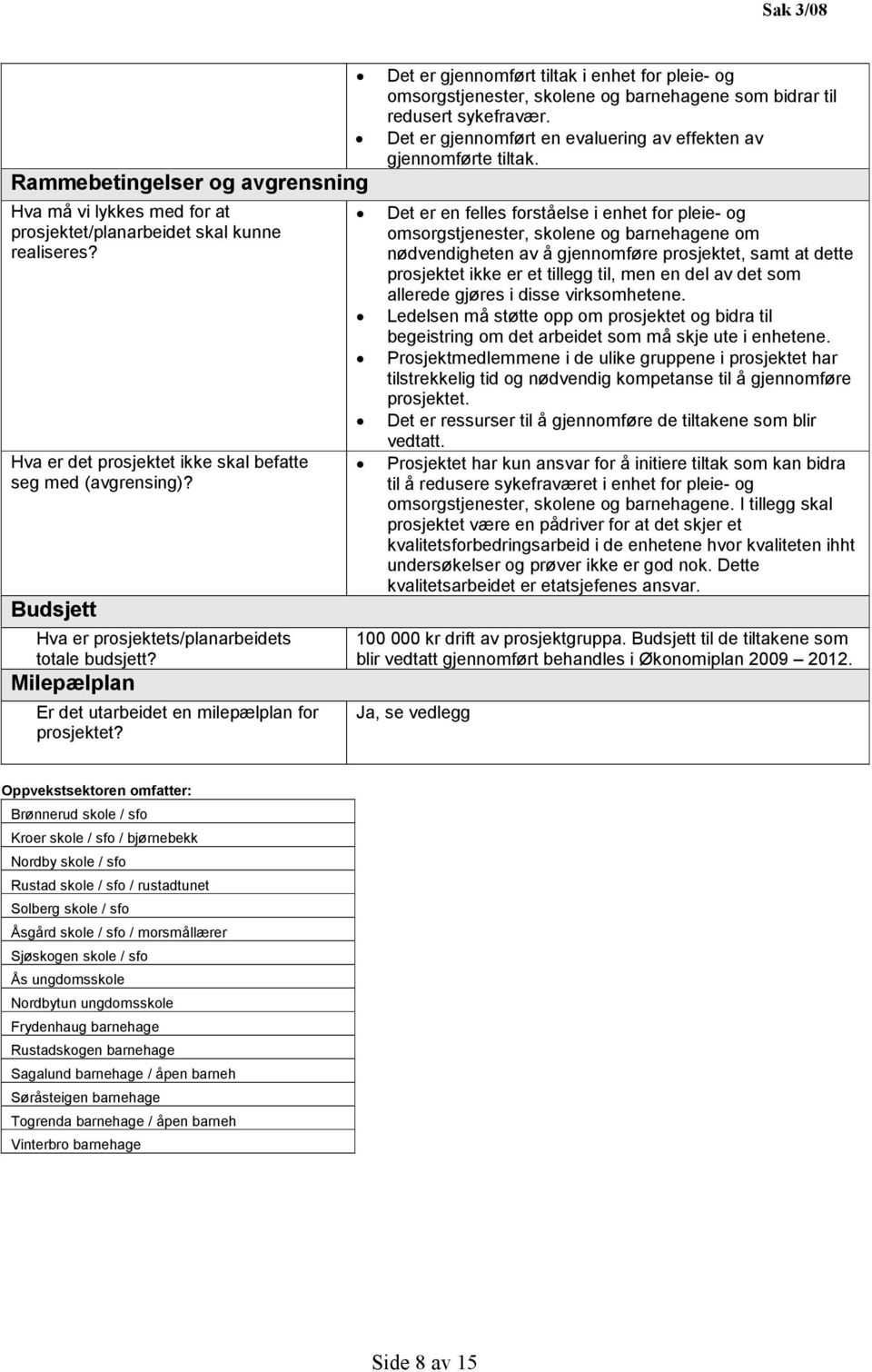 Hva er det prosjektet ikke skal befatte seg med (avgrensing)? Budsjett Hva er prosjektets/planarbeidets totale budsjett? Milepælplan Er det utarbeidet en milepælplan for prosjektet?