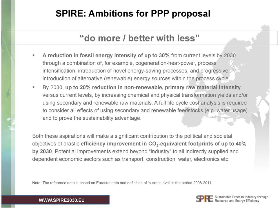 By 2030, up to 20% reduction in non-renewable, primary raw material intensity versus current levels, by increasing chemical and physical transformation yields and/or using secondary and renewable raw