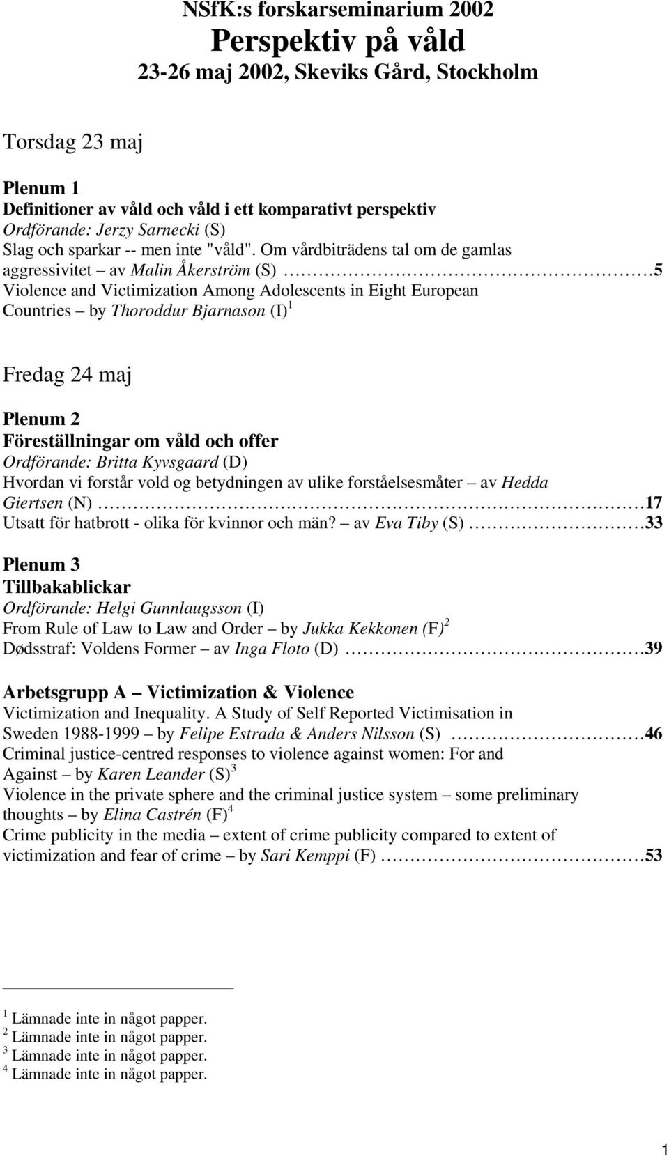 Om vårdbiträdens tal om de gamlas aggressivitet av Malin Åkerström (S) 5 Violence and Victimization Among Adolescents in Eight European Countries by Thoroddur Bjarnason (I) 1 Fredag 24 maj Plenum 2