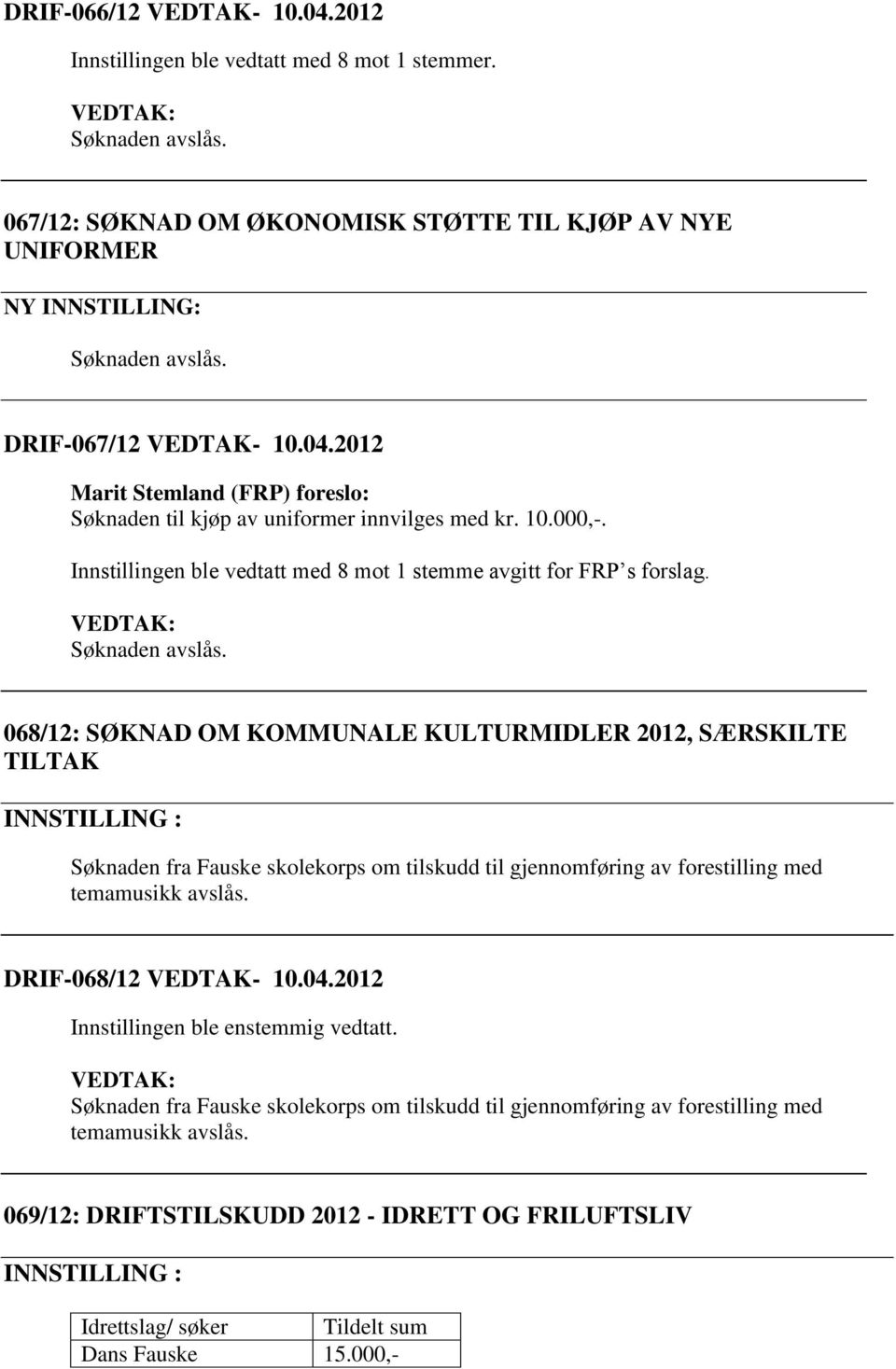 Søknaden avslås. 068/12: SØKNAD OM KOMMUNALE KULTURMIDLER 2012, SÆRSKILTE TILTAK Søknaden fra Fauske skolekorps om tilskudd til gjennomføring av forestilling med temamusikk avslås.