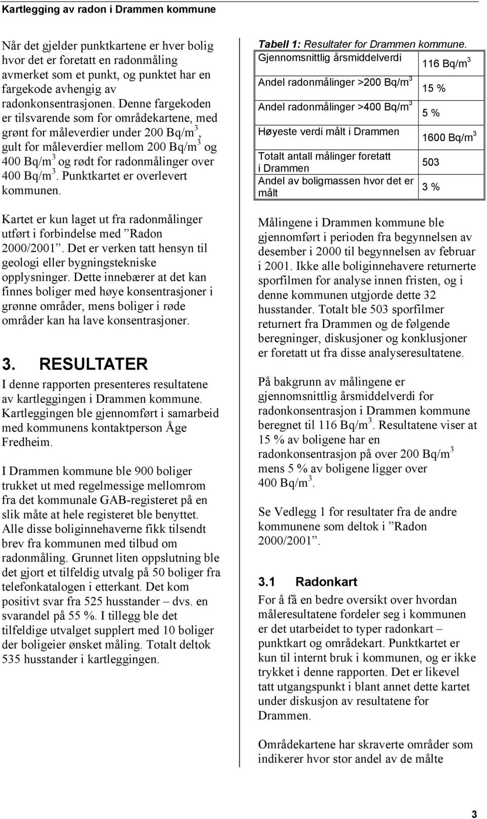 Punktkartet er overlevert kommunen. Kartet er kun laget ut fra radonmålinger utført i forbindelse med Radon 2000/2001. Det er verken tatt hensyn til geologi eller bygningstekniske opplysninger.