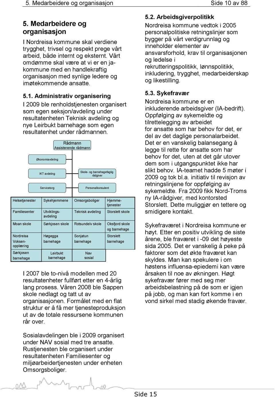 Administrativ organisering I 2009 ble renholdstjenesten organisert som egen seksjon/avdeling under resultatenheten Teknisk avdeling og nye Leirbukt barnehage som egen resultatenhet under rådmannen.