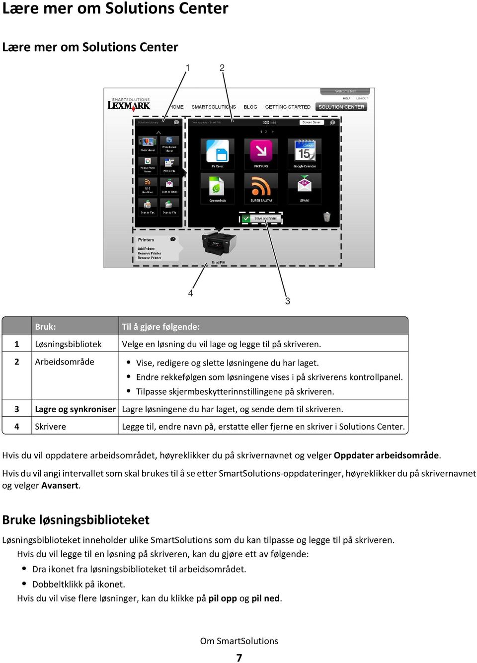 3 Lagre og synkroniser Lagre løsningene du har laget, og sende dem til skriveren. 4 Skrivere Legge til, endre navn på, erstatte eller fjerne en skriver i Solutions Center.