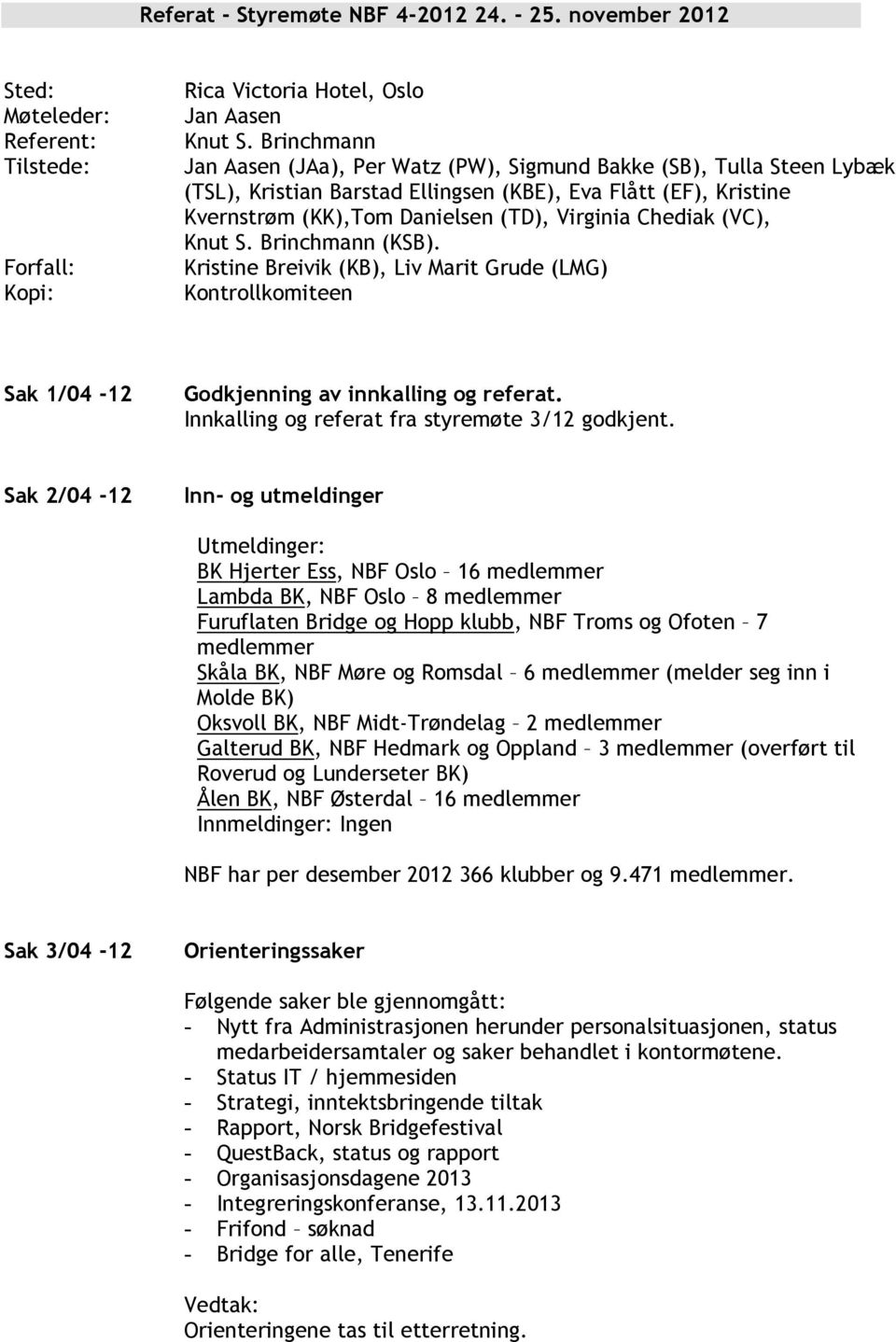 (VC), Knut S. Brinchmann (KSB). Kristine Breivik (KB), Liv Marit Grude (LMG) Kontrollkomiteen Sak 1/04-12 Godkjenning av innkalling og referat. Innkalling og referat fra styremøte 3/12 godkjent.