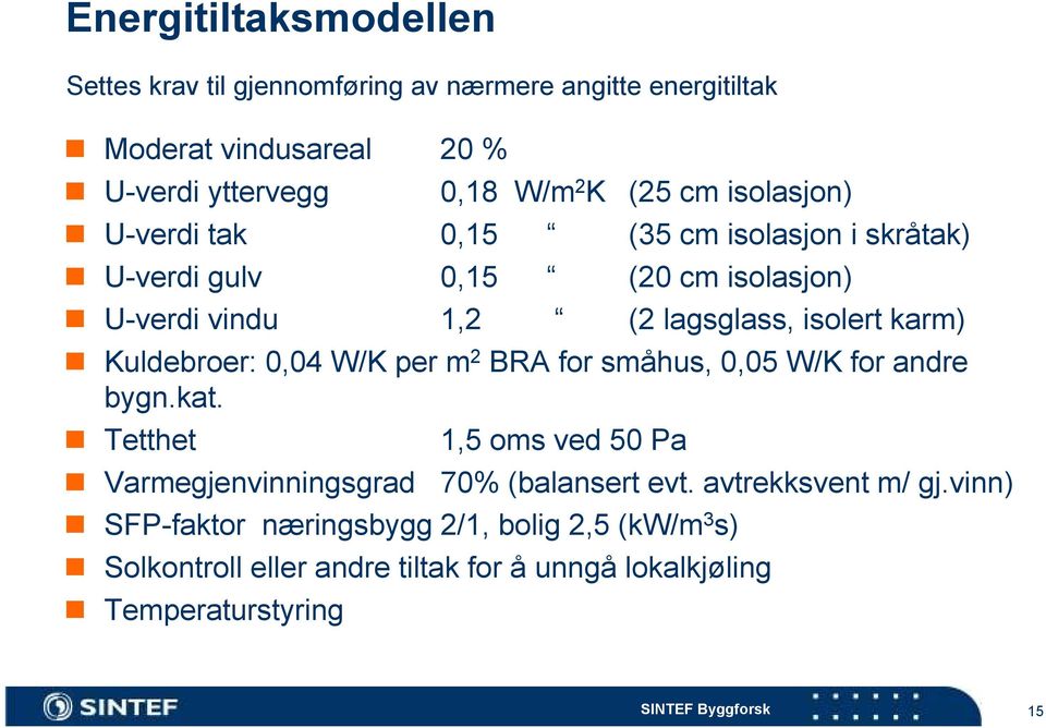 Kuldebroer: 0,04 W/K per m 2 BRA for småhus, 0,05 W/K for andre bygn.kat. Tetthet Varmegjenvinningsgrad 1,5 oms ved 50 Pa 70% (balansert evt.