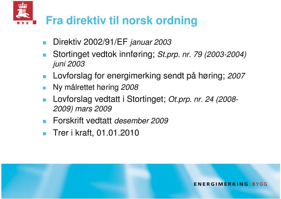 79 (2003-2004) juni 2003 Lovforslag for energimerking sendt på høring; 2007 Ny