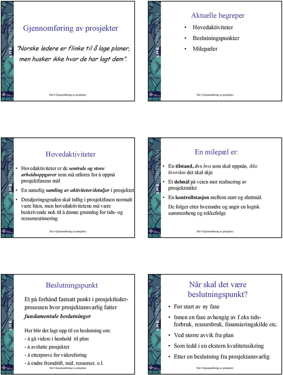 samling av aktiviteter/detaljer i prosjektet Detaljeringsgraden skal tidlig i prosjektfasen normalt være liten, men hovedaktivitetene må være beskrivende nok til å danne grunnlag for tids- og