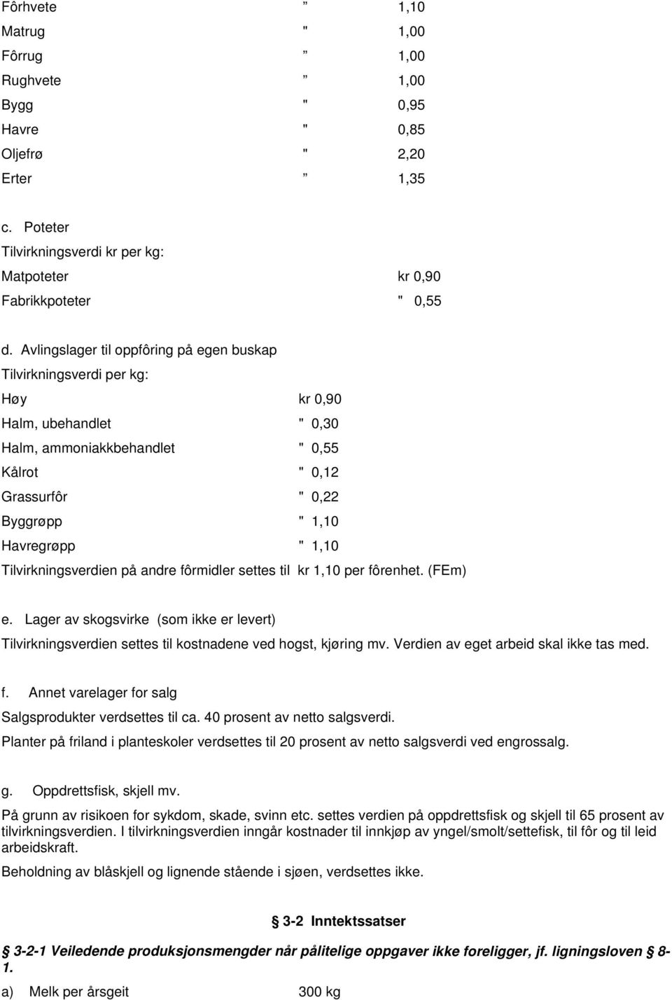 1,10 Tilvirkningsverdien på andre fôrmidler settes til kr 1,10 per fôrenhet. (FEm) e. Lager av skogsvirke (som ikke er levert) Tilvirkningsverdien settes til kostnadene ved hogst, kjøring mv.