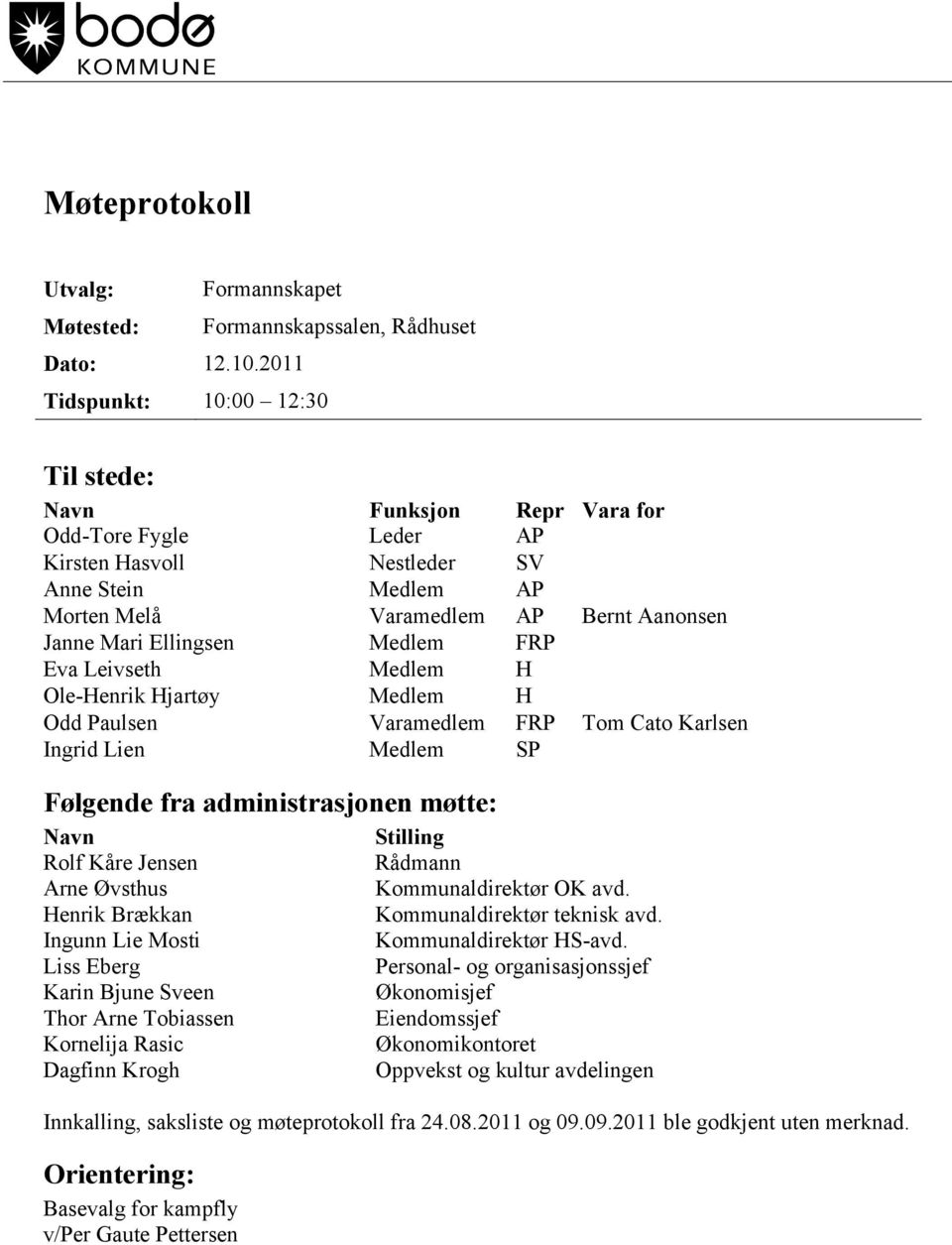 Ellingsen Medlem FRP Eva Leivseth Medlem H Ole-Henrik Hjartøy Medlem H Odd Paulsen Varamedlem FRP Tom Cato Karlsen Ingrid Lien Medlem SP Følgende fra administrasjonen møtte: Navn Rolf Kåre Jensen