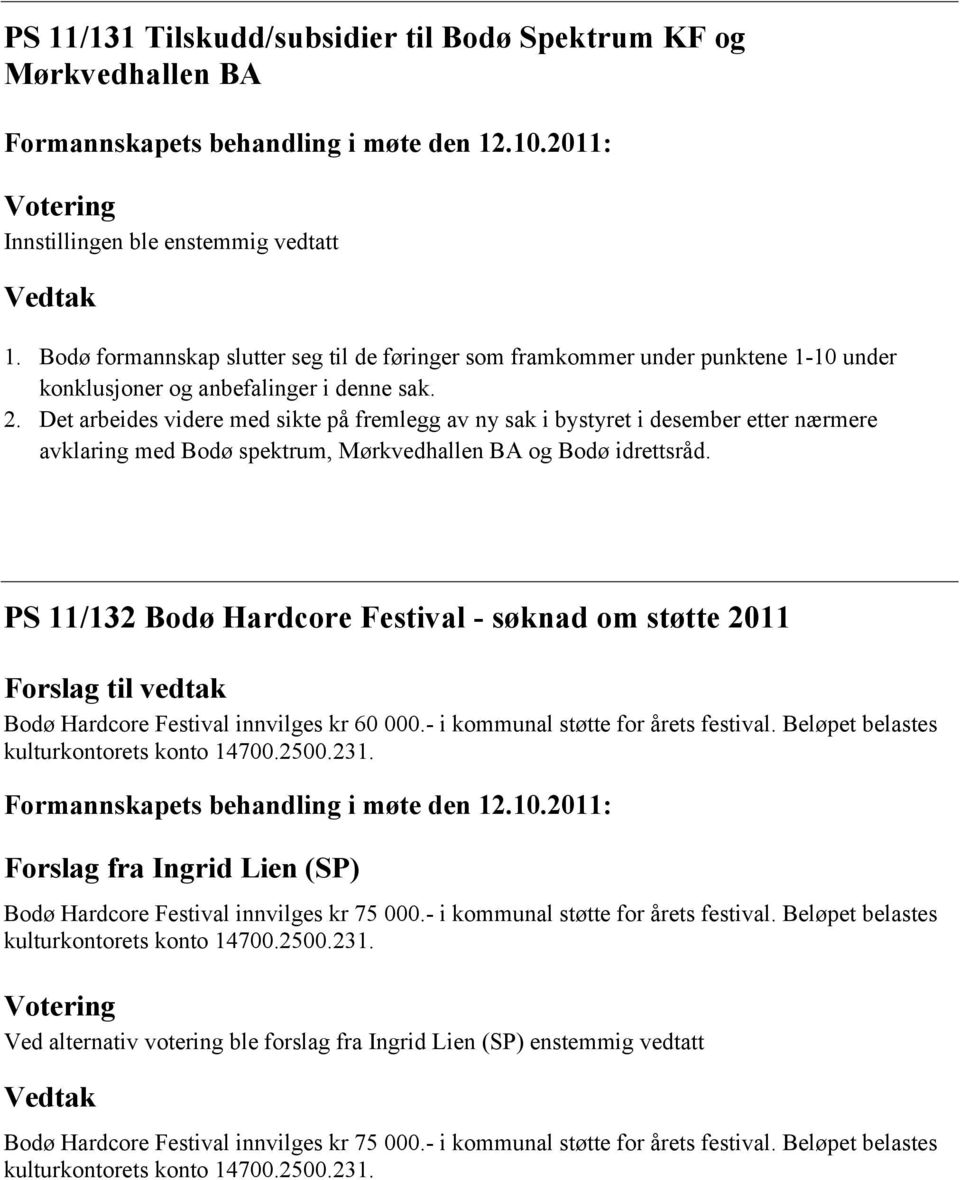 PS 11/132 Bodø Hardcore Festival - søknad om støtte 2011 Forslag til vedtak Bodø Hardcore Festival innvilges kr 60 000.- i kommunal støtte for årets festival.