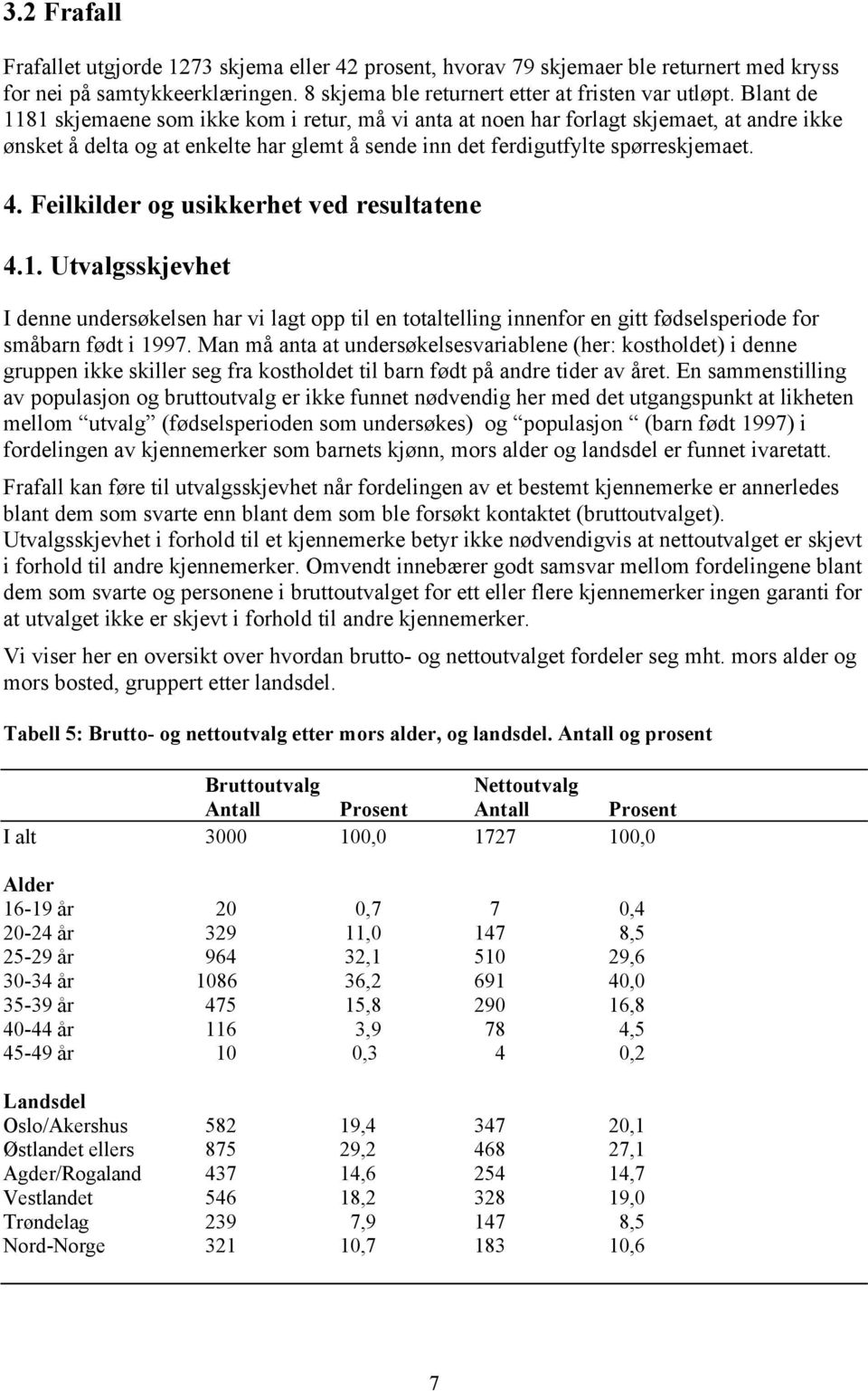 Feilkilder og usikkerhet ved resultatene 4.1. Utvalgsskjevhet I denne undersøkelsen har vi lagt opp til en totaltelling innenfor en gitt fødselsperiode for småbarn født i 1997.