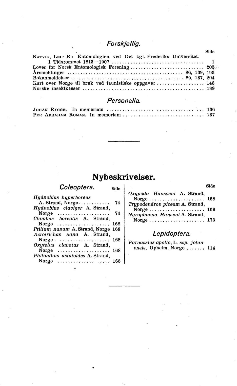 .. 189 JOAAN PER ABRAHAM ROMAN. Personalia. RYOGE. In memoriam............. 136 In memoriam............ 137 Nybeskrivelser. Coleopfera. side I Side Hydnobius hyperboreus A. Strand, Norge.