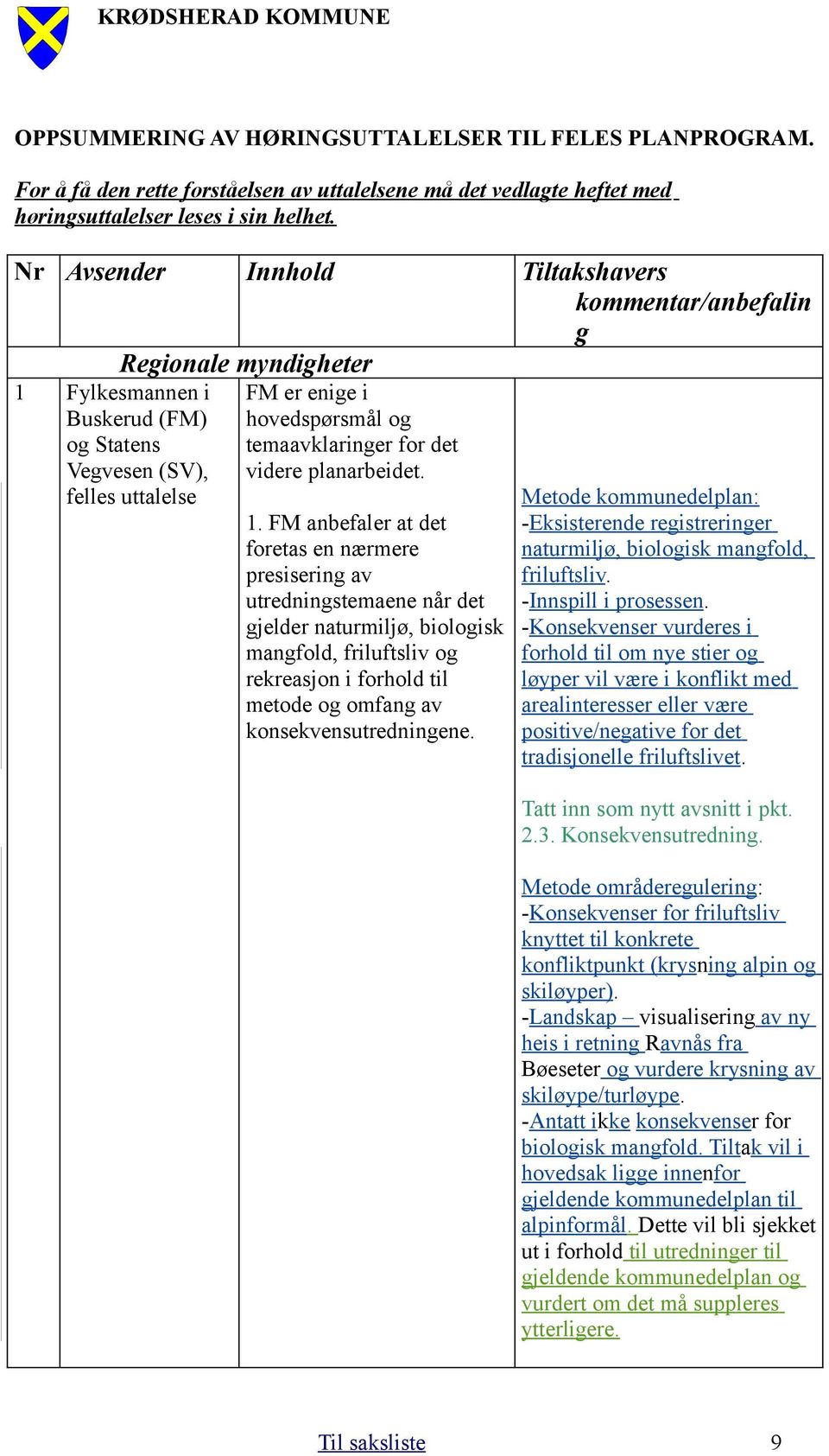 for det videre planarbeidet. 1.