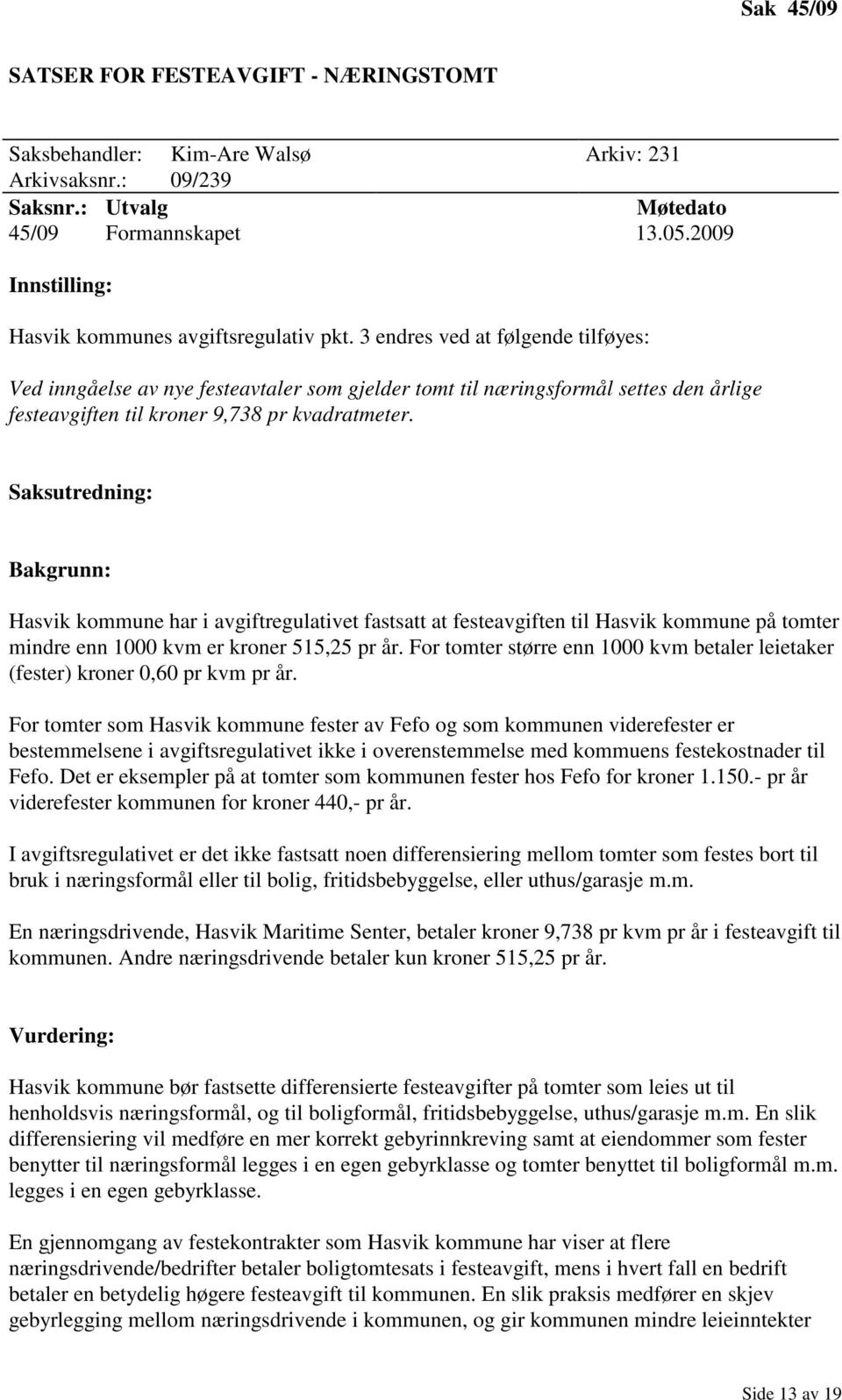 Hasvik kommune har i avgiftregulativet fastsatt at festeavgiften til Hasvik kommune på tomter mindre enn 1000 kvm er kroner 515,25 pr år.