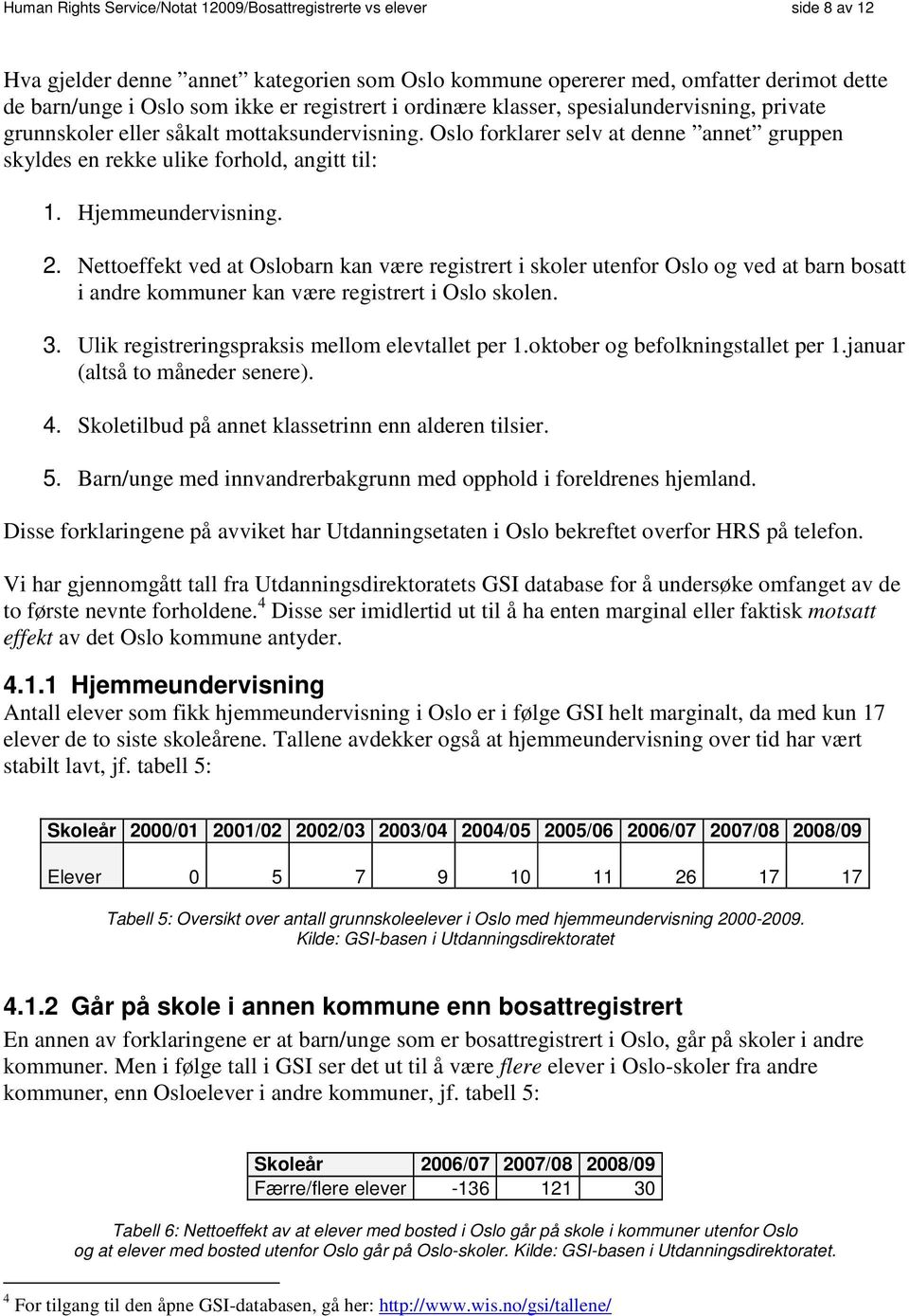 Hjemmeundervisning. 2. Nettoeffekt ved at Oslobarn kan være registrert i skoler utenfor Oslo og ved at barn bosatt i andre kommuner kan være registrert i Oslo skolen. 3.