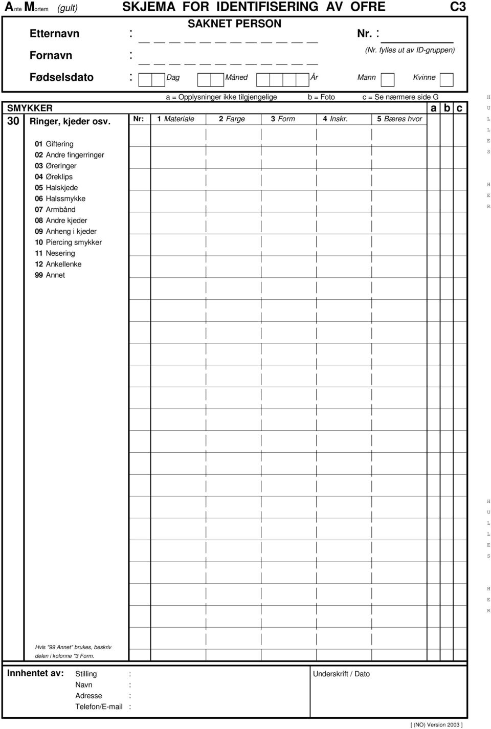 10 Piercing smykker 11 Nesering 12 Ankellenke 99 Annet Dag Måned År Mann Kvinne a = Opplysninger ikke tilgjengelige b = Foto c = e
