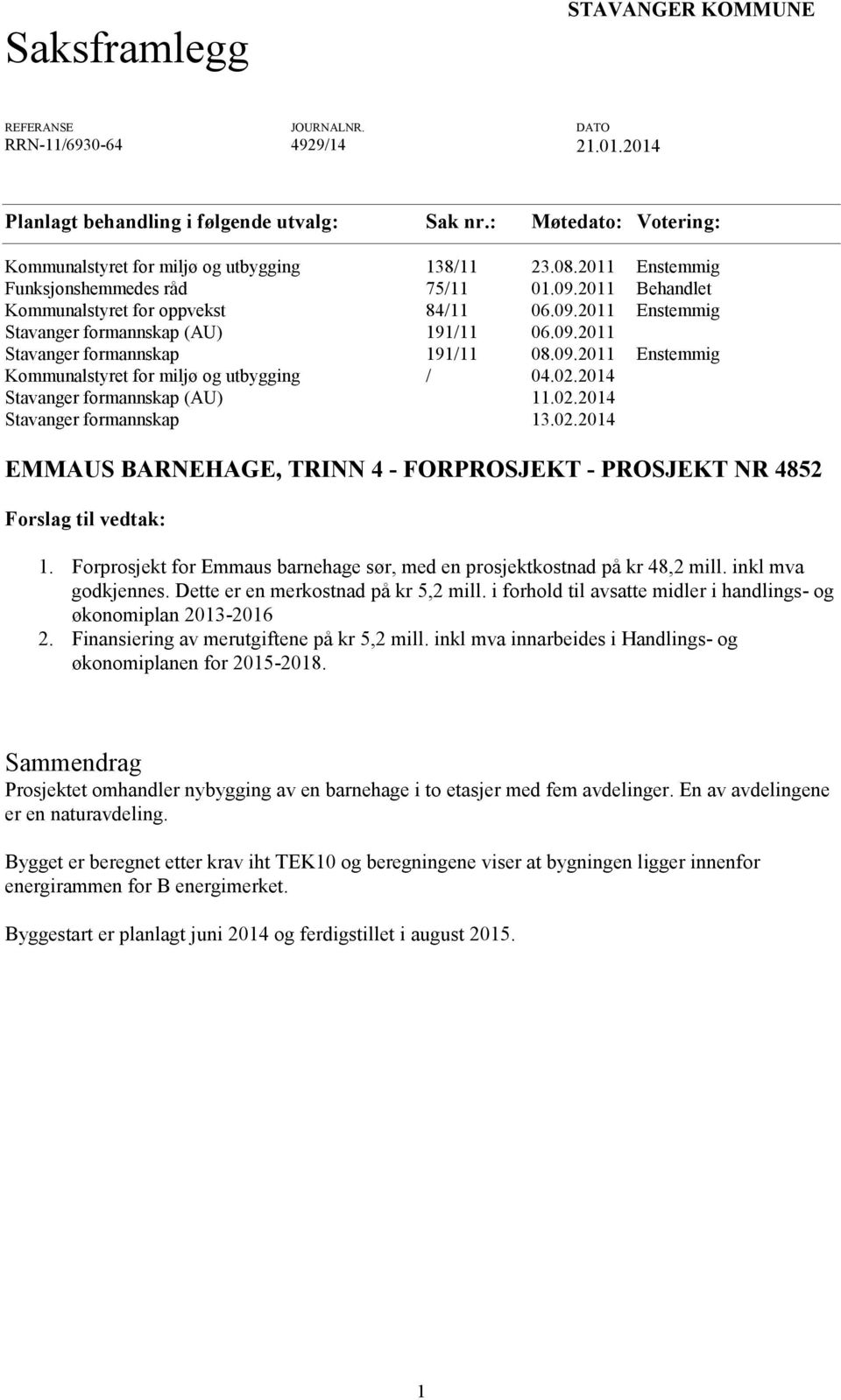 09.2011 Stavanger formannskap 191/11 08.09.2011 Enstemmig Kommunalstyret for miljø og utbygging / 04.02.2014 Stavanger formannskap (AU) 11.02.2014 Stavanger formannskap 13.02.2014 EMMAUS BARNEHAGE, TRINN 4 - FORPROSJEKT - PROSJEKT NR 4852 Forslag til vedtak: 1.