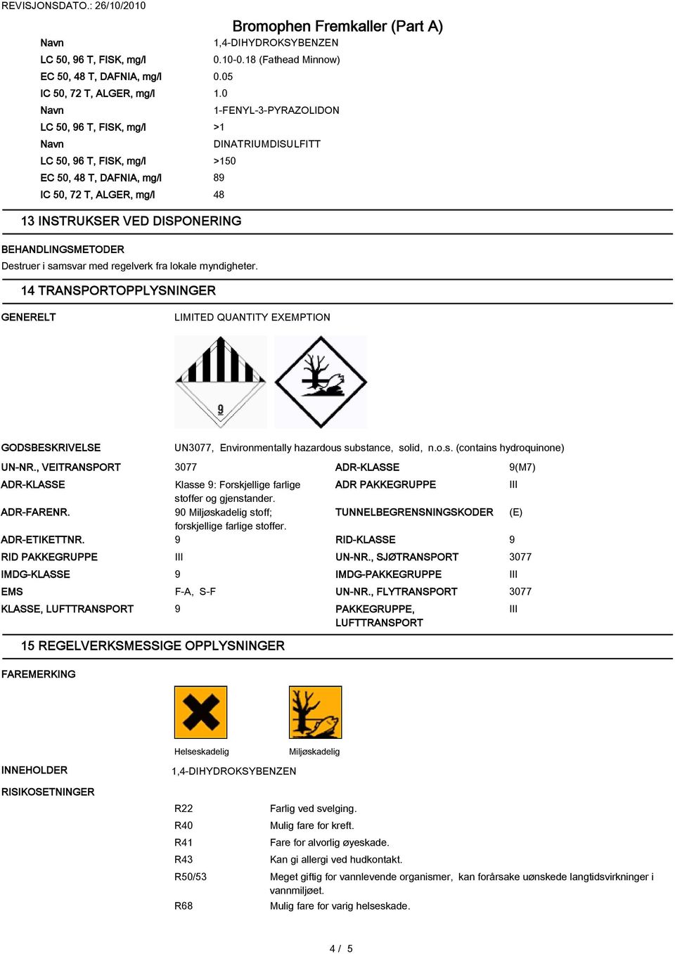 lokale myndigheter. 14 TRANSPORTOPPLYSNINGER GENERELT LIMITED QUANTITY EXEMPTION GODSBESKRIVELSE UN-NR., VEITRANSPORT UN3077, Environmentally hazardous 