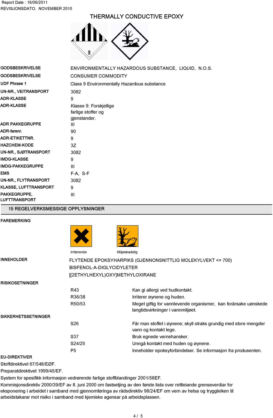 0 3Z F-A, S-F 15 REGELVERKSMESSIGE OPPLYSNINGER FAREMERKING Irriterende Miljøskadelig INNEHOLDER FLYTENDE EPOKSYHARPIKS (GJENNONSNITTLIG MOLEKYLVEKT <= 700) RISIKOSETNINGER SIKKERHETSSETNINGER