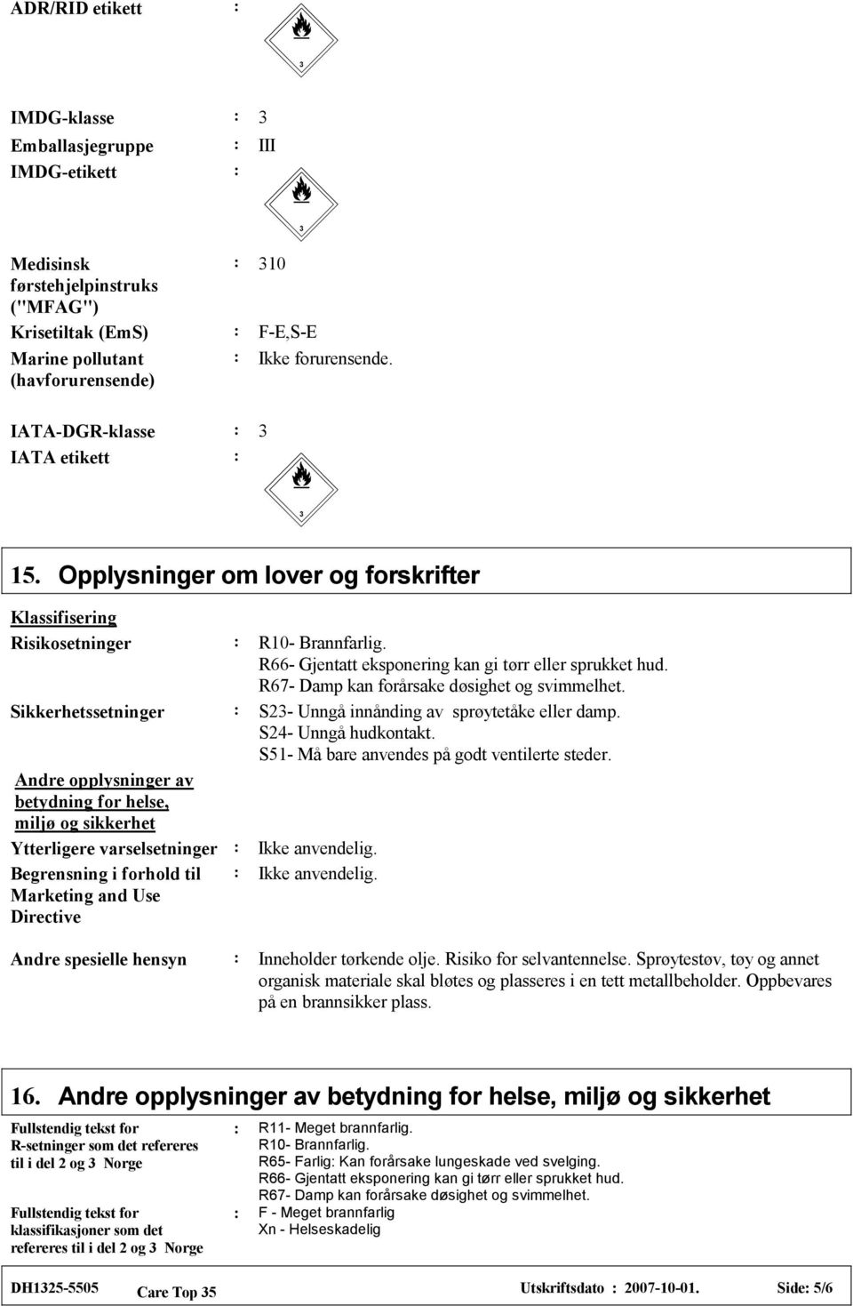 R67- Damp kan forårsake døsighet og svimmelhet. Sikkerhetssetninger S23- Unngå innånding av sprøytetåke eller damp. S24- Unngå hudkontakt. S51- Må bare anvendes på godt ventilerte steder.