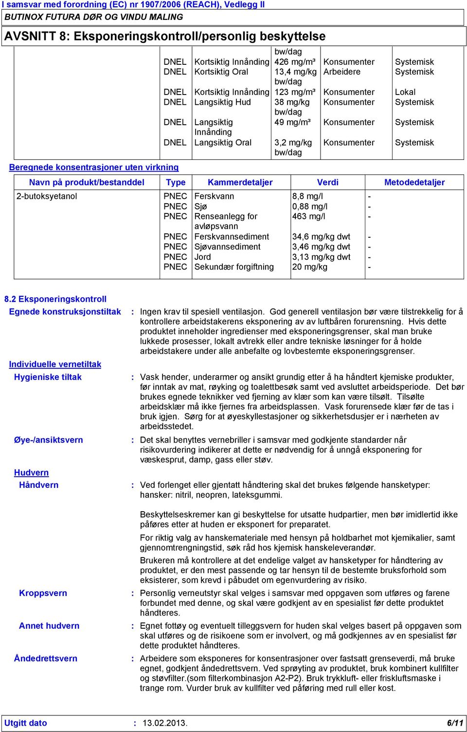 konsentrasjoner uten virkning Navn på produkt/bestanddel Type Kammerdetaljer Verdi Metodedetaljer 2-butoksyetanol PNEC Ferskvann 8,8 mg/l - PNEC Sjø 0,88 mg/l - PNEC Renseanlegg for 463 mg/l -