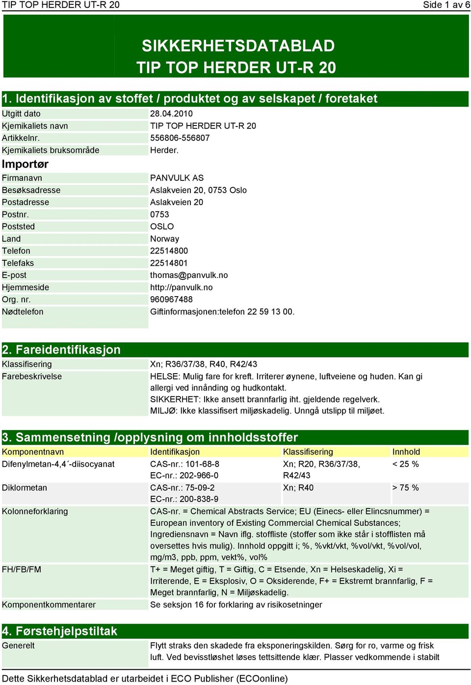 Importør Firmanavn PANVULK AS Besøksadresse Aslakveien 20, 0753 Oslo Postadresse Aslakveien 20 Postnr. 0753 Poststed OSLO Land Norway Telefon 22514800 Telefaks 22514801 E-post thomas@panvulk.