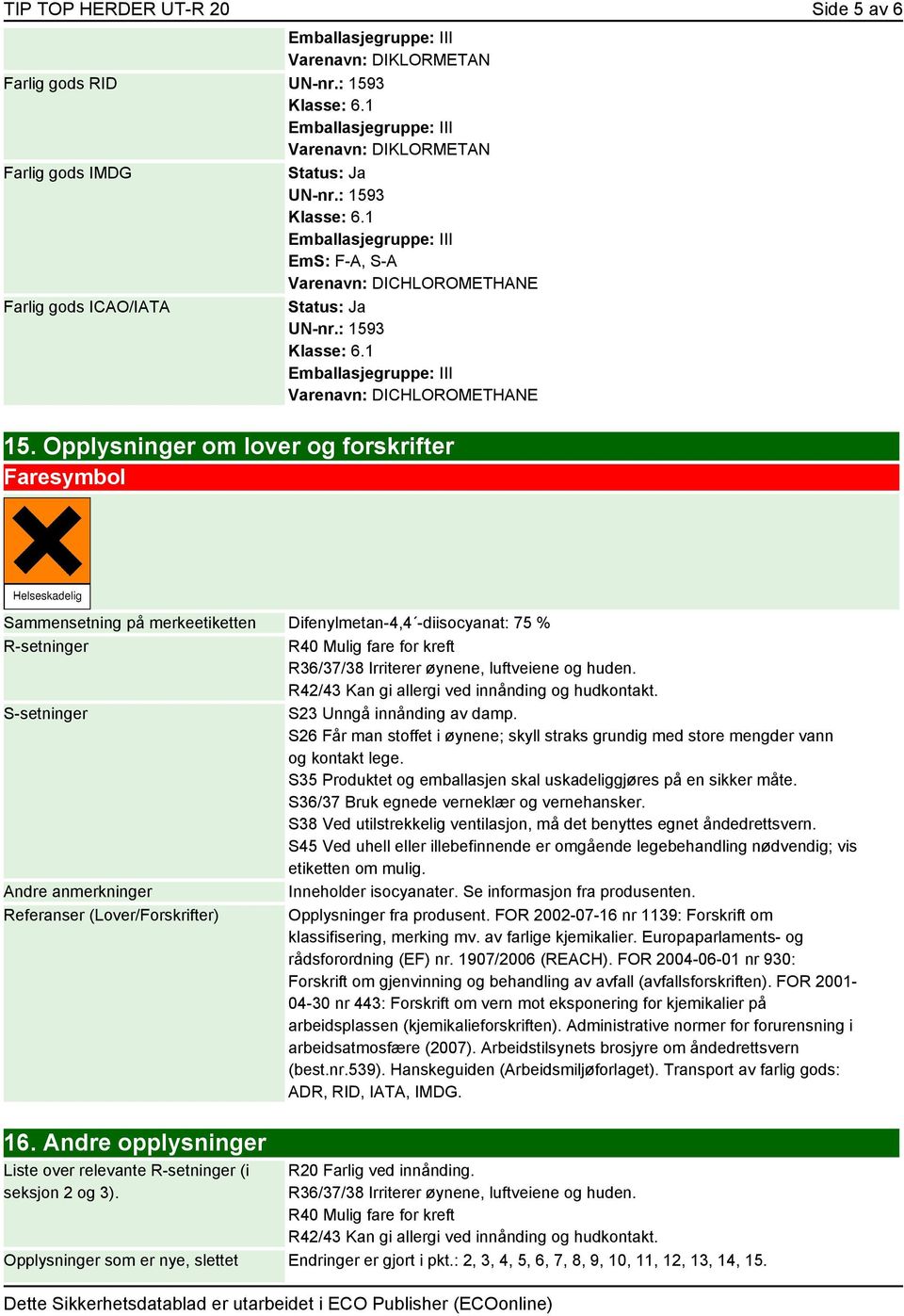 Opplysninger om lover og forskrifter Faresymbol Sammensetning på merkeetiketten Difenylmetan-4,4 -diisocyanat: 75 % R-setninger R40 Mulig fare for kreft R36/37/38 Irriterer øynene, luftveiene og