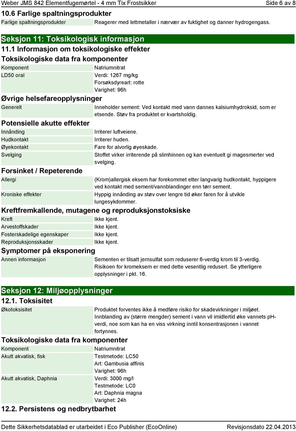 1 Informasjon om toksikologiske effekter Toksikologiske data fra komponenter Komponent Natriumnitrat LD50 oral Øvrige helsefareopplysninger Generelt Potensielle akutte effekter Innånding Hudkontakt