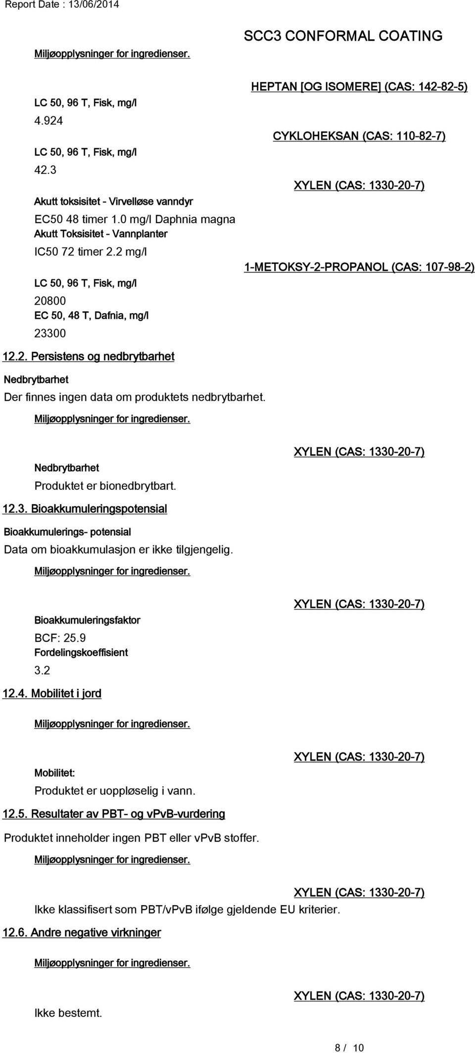 Nedbrytbarhet Produktet er bionedbrytbart. 12.3. Bioakkumuleringspotensial Bioakkumulerings- potensial Data om bioakkumulasjon er ikke tilgjengelig. Bioakkumuleringsfaktor BCF: 25.