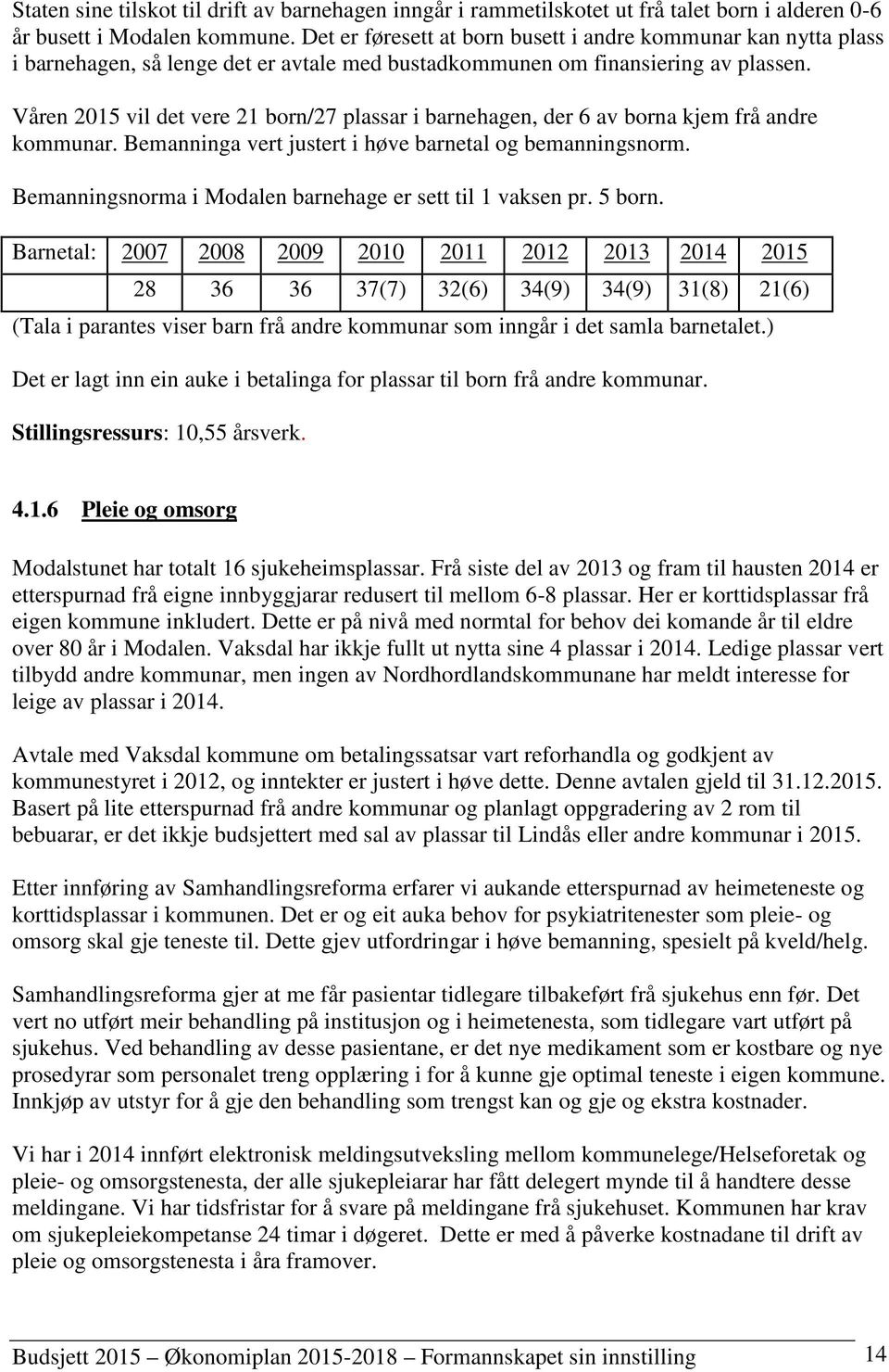 Våren 2015 vil det vere 21 born/27 plassar i barnehagen, der 6 av borna kjem frå andre kommunar. Bemanninga vert justert i høve barnetal og bemanningsnorm.