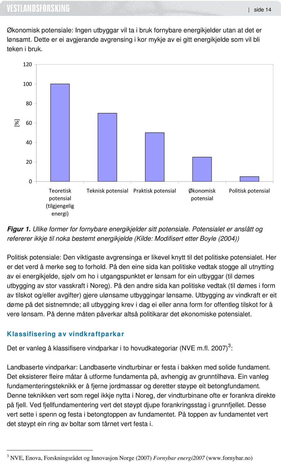 120 100 80 [%] 60 40 20 0 Teoretisk potensial (tilgjengelig energi) Teknisk potensial Praktisk potensial Økonomisk potensial Politisk potensial Figur 1.