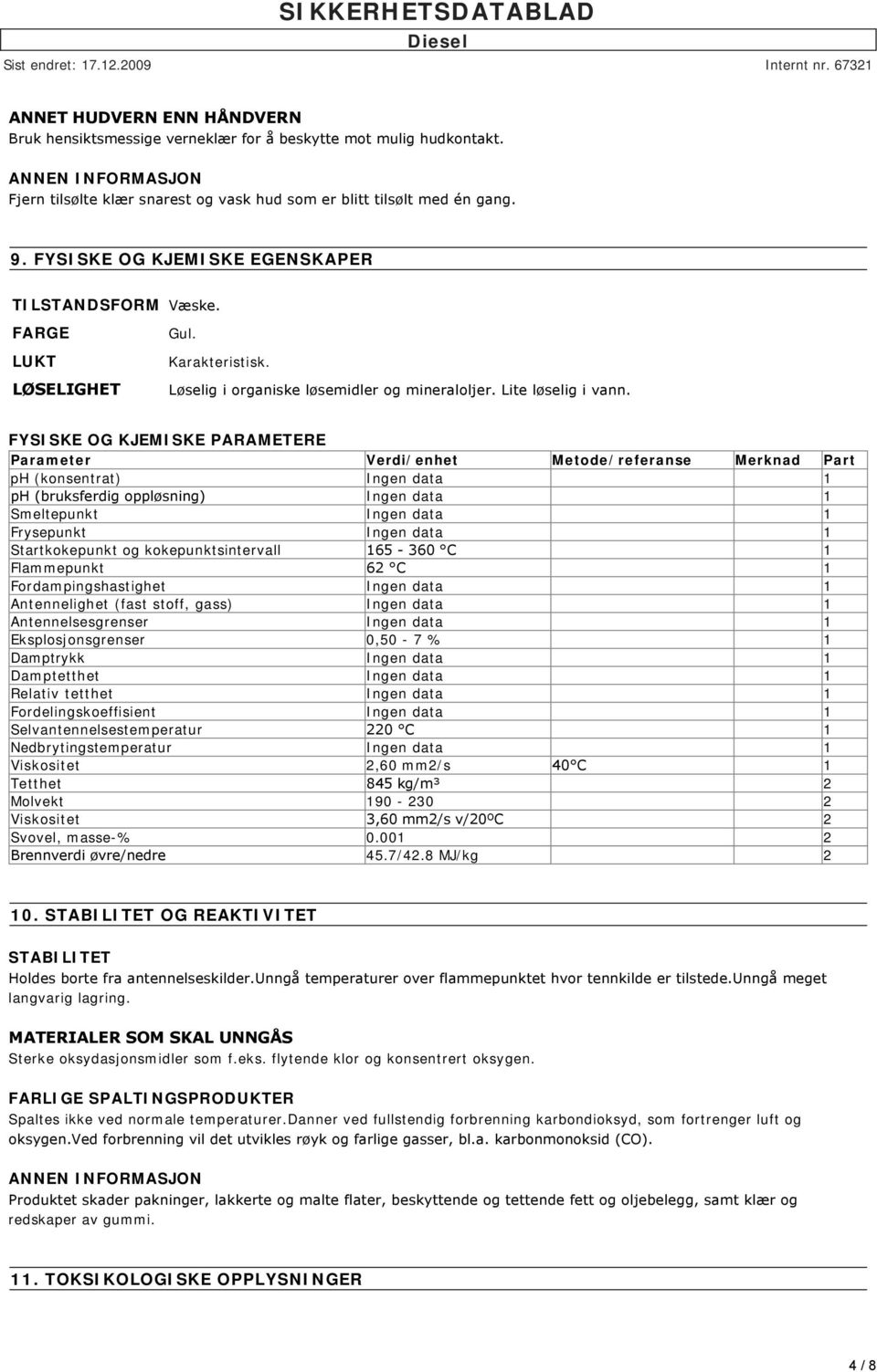 FYSISKE OG KJEMISKE PARAMETERE Parameter Verdi/enhet Metode/referanse Merknad Part ph (konsentrat) Ingen data 1 ph (bruksferdig oppløsning) Ingen data 1 Smeltepunkt Ingen data 1 Frysepunkt Ingen data