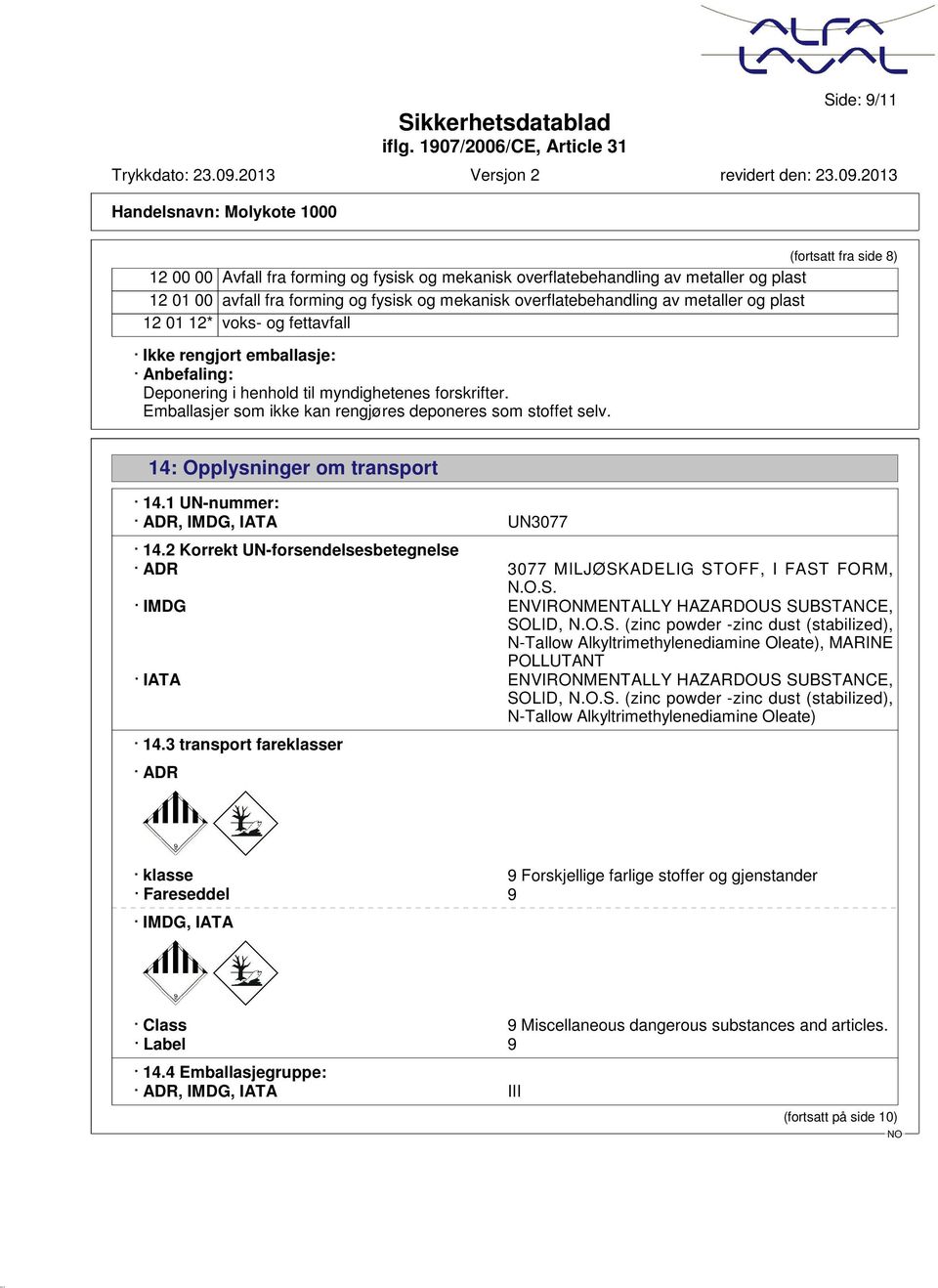 14: Opplysninger om transport 14.1 UN-nummer: ADR, IMDG, IATA UN3077 14.2 Korrekt UN-forsendelsesbetegnelse ADR 3077 MILJØSKADELIG STOFF, I FAST FORM, N.O.S. IMDG ENVIRONMENTALLY HAZARDOUS SUBSTANCE, SOLID, N.