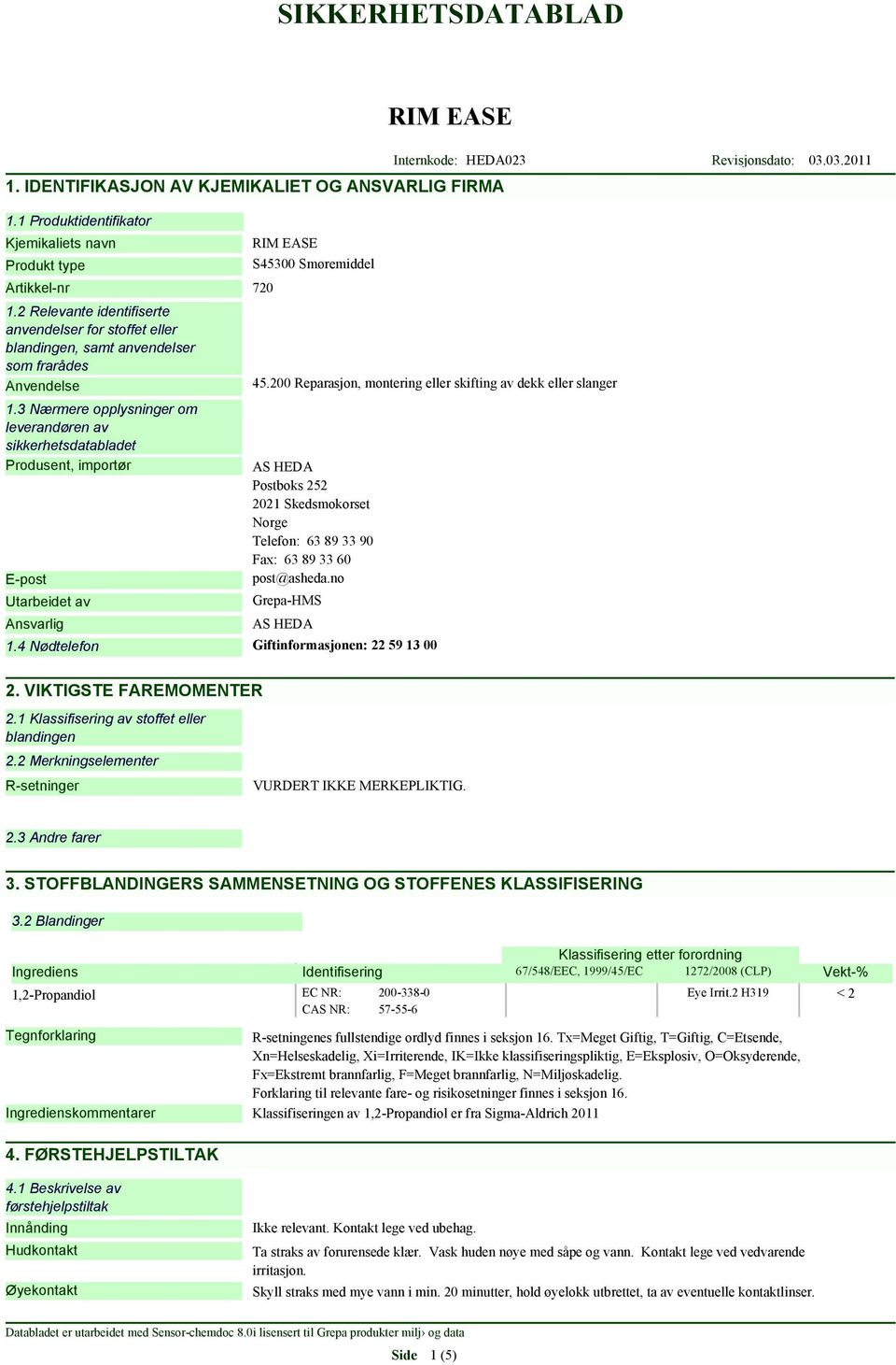 3 Nærmere opplysninger om leverandøren av sikkerhetsdatabladet Produsent, importør E-post Utarbeidet av Ansvarlig S45300 Smøremiddel 45.