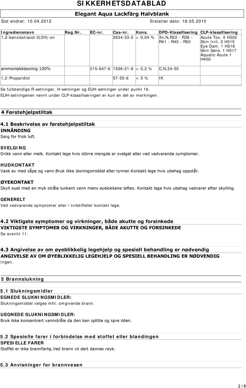 1 H317 Aquatic Acute 1 H400 ammoniakkløsning 100% 215-647-6 1336-21-6 < 0,2 % C,N,34-50 1,2-Propandiol 57-55-6 < 5 % IK Se fullstendige R-setninger, H-setninger og EUH-setninger under punkt 16.