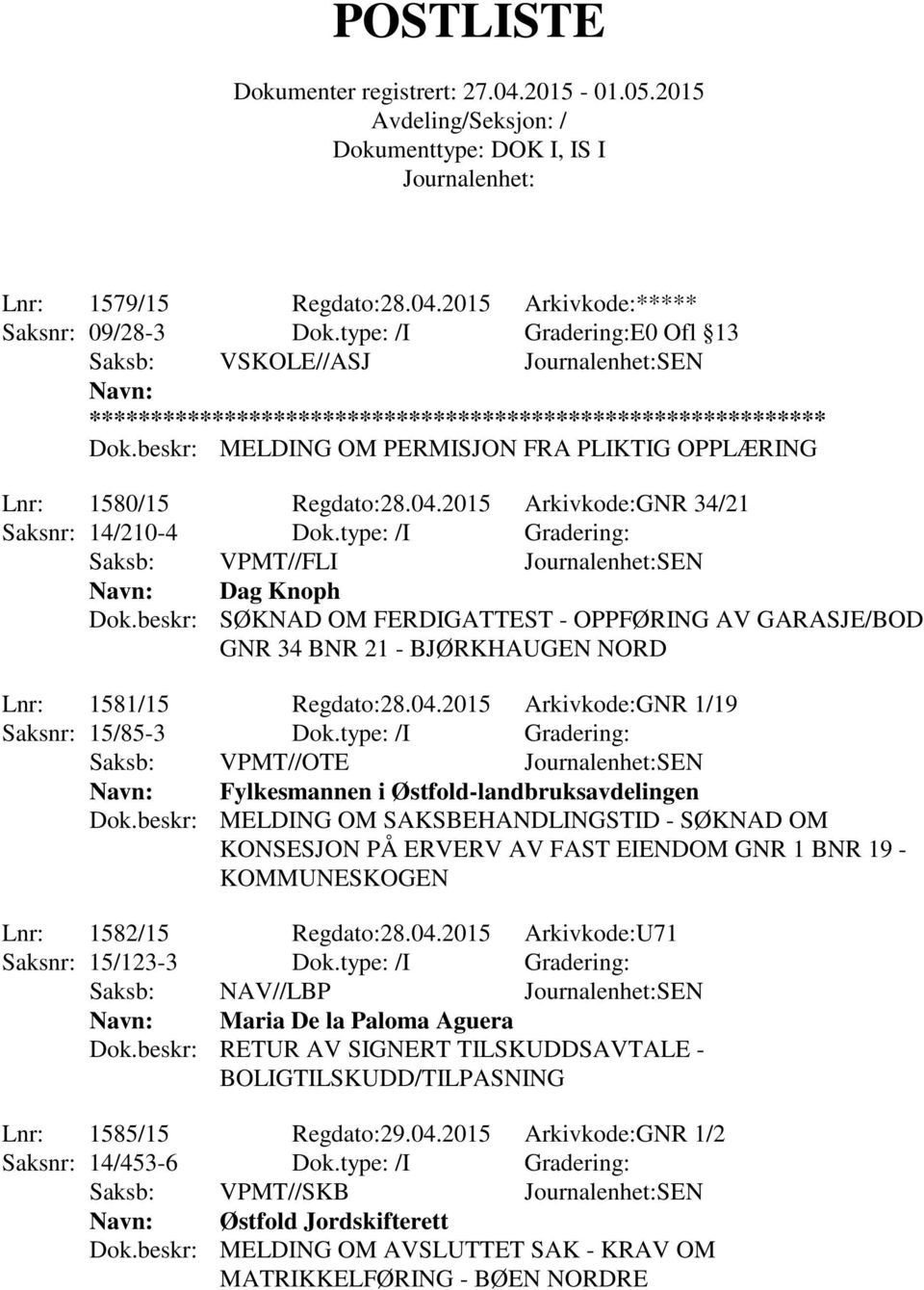 beskr: SØKNAD OM FERDIGATTEST - OPPFØRING AV GARASJE/BOD GNR 34 BNR 21 - BJØRKHAUGEN NORD Lnr: 1581/15 Regdato:28.04.2015 Arkivkode:GNR 1/19 Saksnr: 15/85-3 Dok.