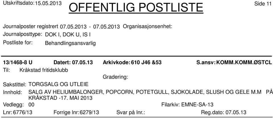 Innhold: SALG AV HELIUMBALONGER, POPCORN, POTETGULL, SJOKOLADE, SLUSH OG