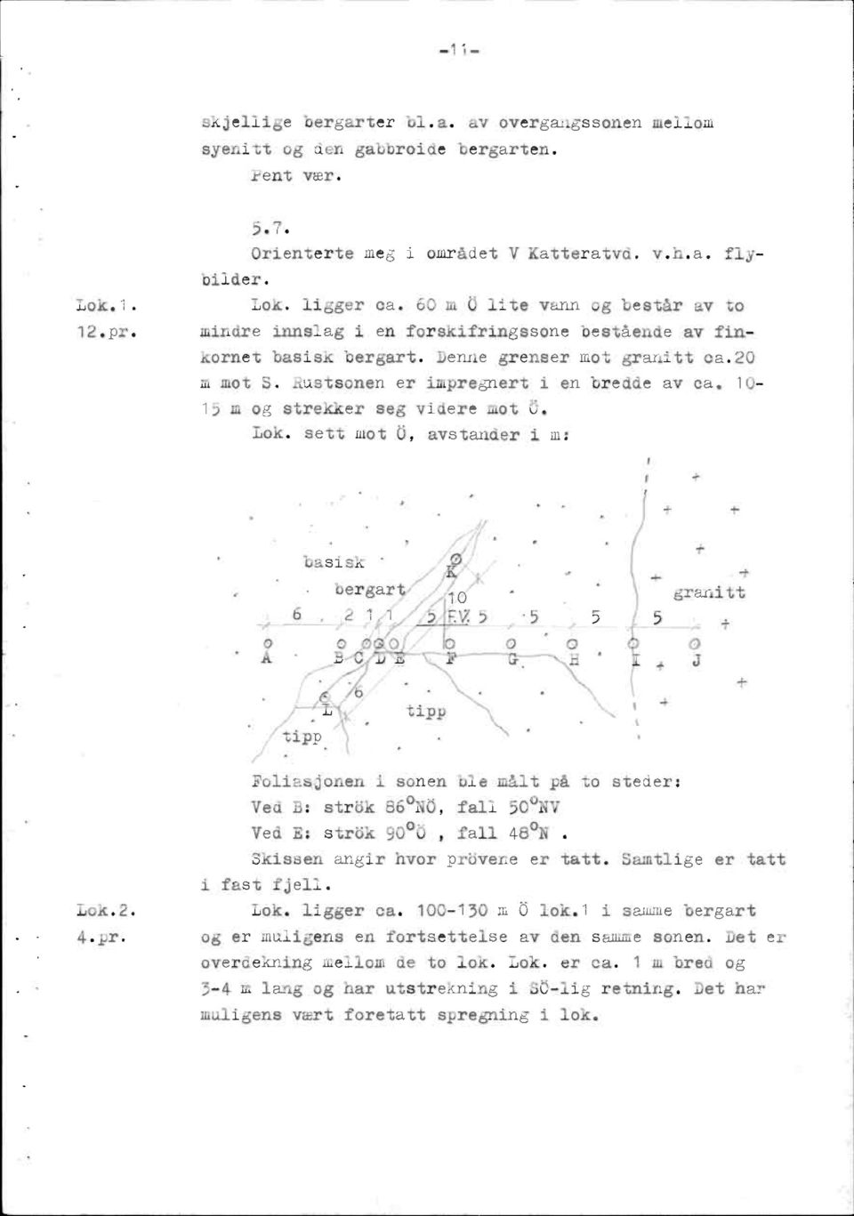 10-15 m og strekker seg videre mot 0. Lok. sett mot 0, avstanderi m: basisk bergart, 10 5 granitt 5 5 + ' + tj / t\i.