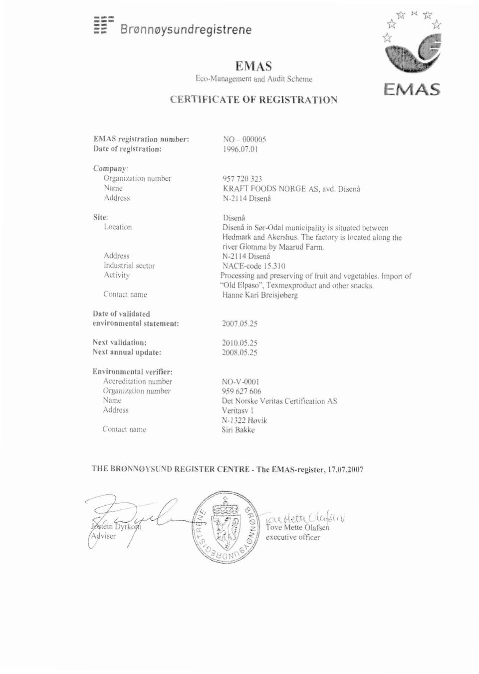 Tlie fticinry is locacd along rhc river Glomma hy biaanid Farm. N-? l 14 Disenå NACE-codc 15.3 1 O Proccssing and preservirig of fniit aiid vegrrables.