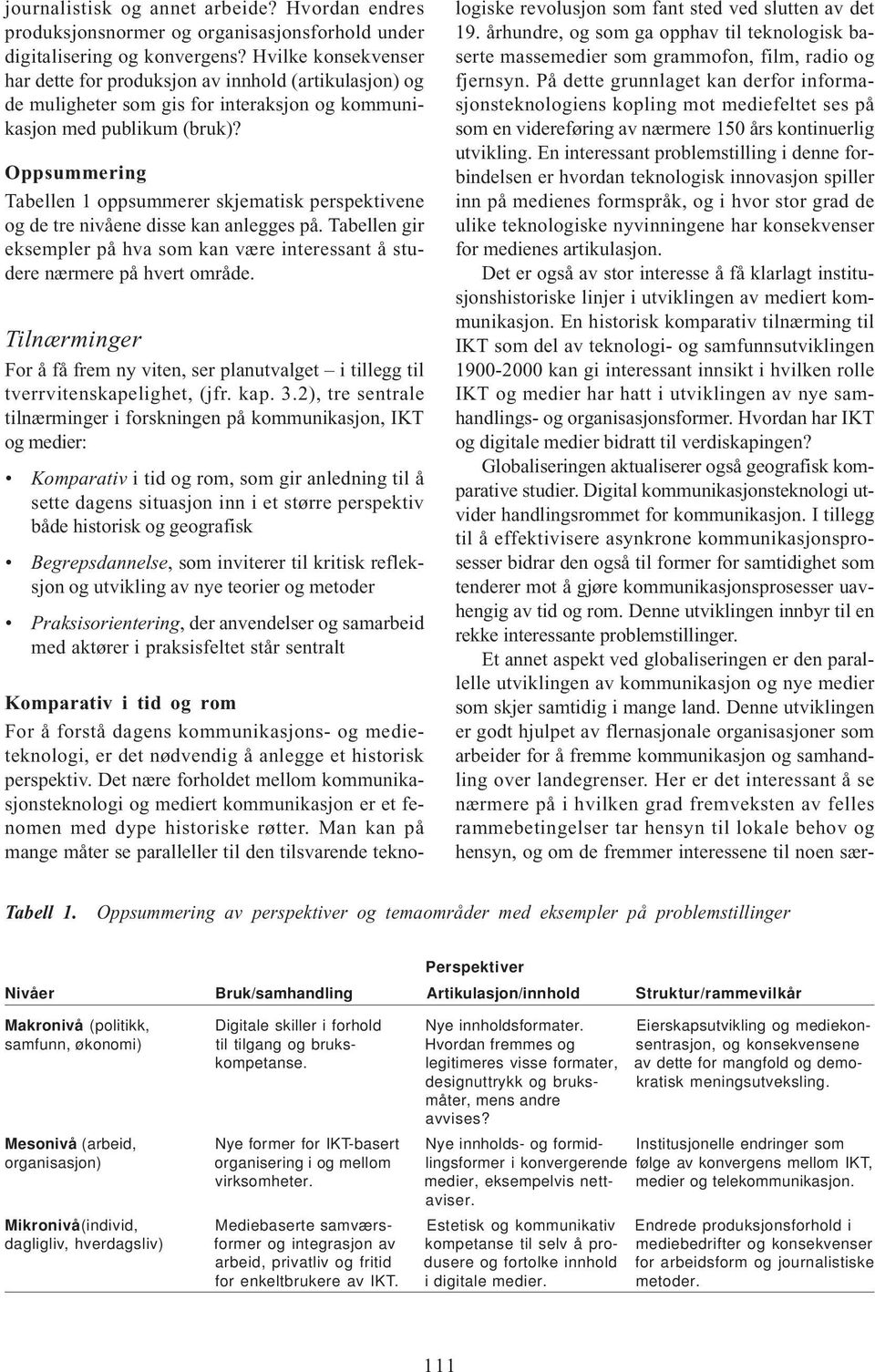 Oppsummering Tabellen 1 oppsummerer skjematisk perspektivene og de tre nivåene disse kan anlegges på. Tabellen gir eksempler på hva som kan være interessant å studere nærmere på hvert område.