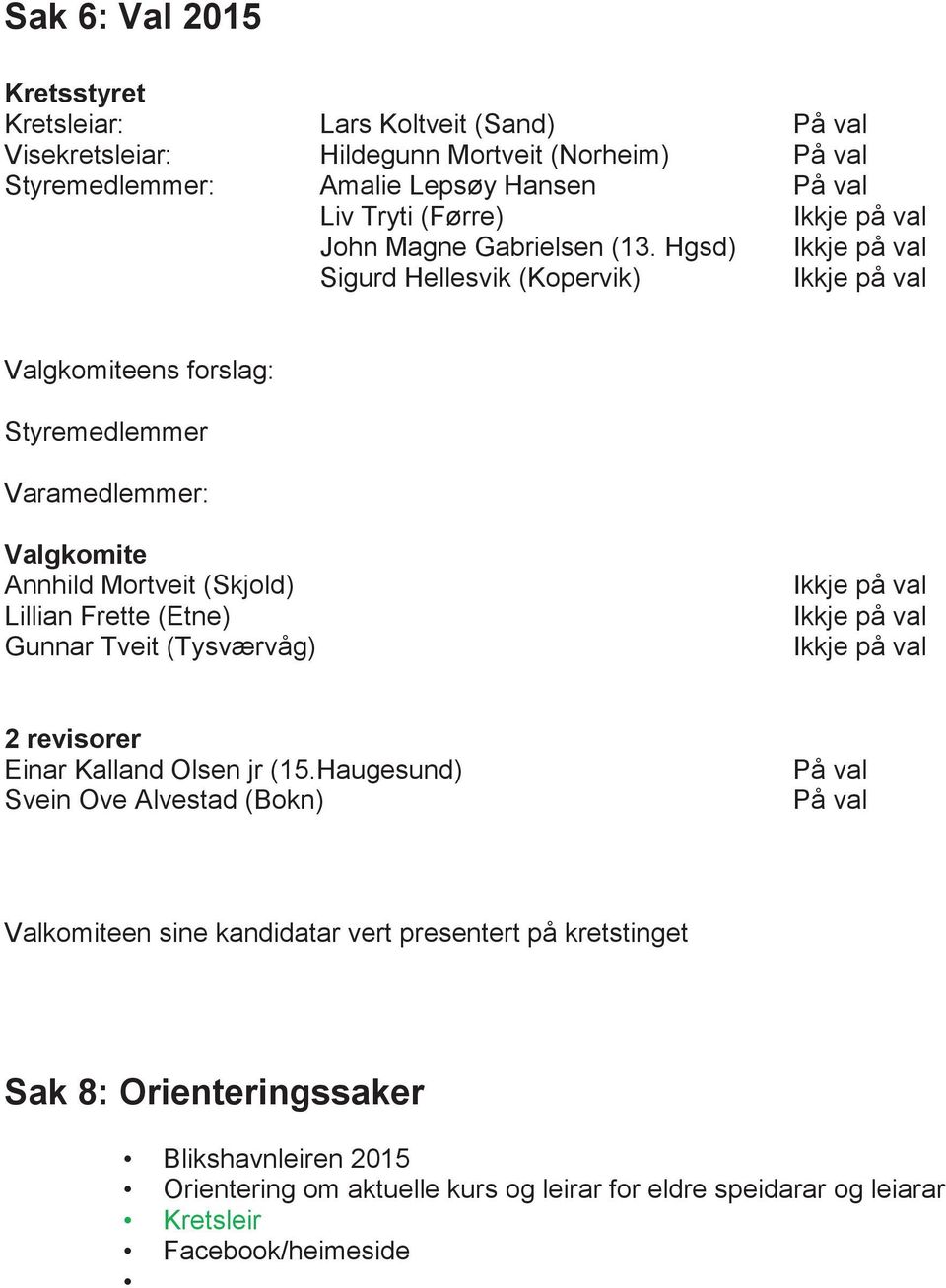 Hgsd) Ikkje på val Sigurd Hellesvik (Kopervik) Ikkje på val Valgkomiteens forslag: Styremedlemmer Varamedlemmer: Valgkomite Annhild Mortveit (Skjold) Lillian Frette (Etne) Gunnar Tveit