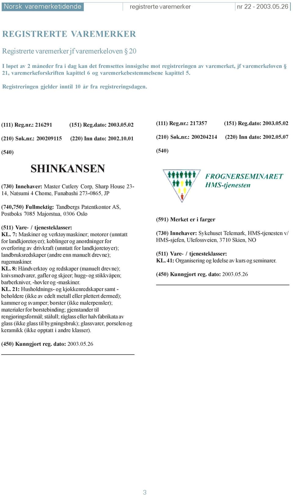 varemerkeforskriften kapittel 6 og varemerkebestemmelsene kapittel 5. Registreringen gjelder inntil 10 år fra registreringsdagen. (111) Reg.nr.: 216291 (151) Reg.dato: 2003.05.02 (210) Søk.nr.: 200209115 (220) Inn dato: 2002.