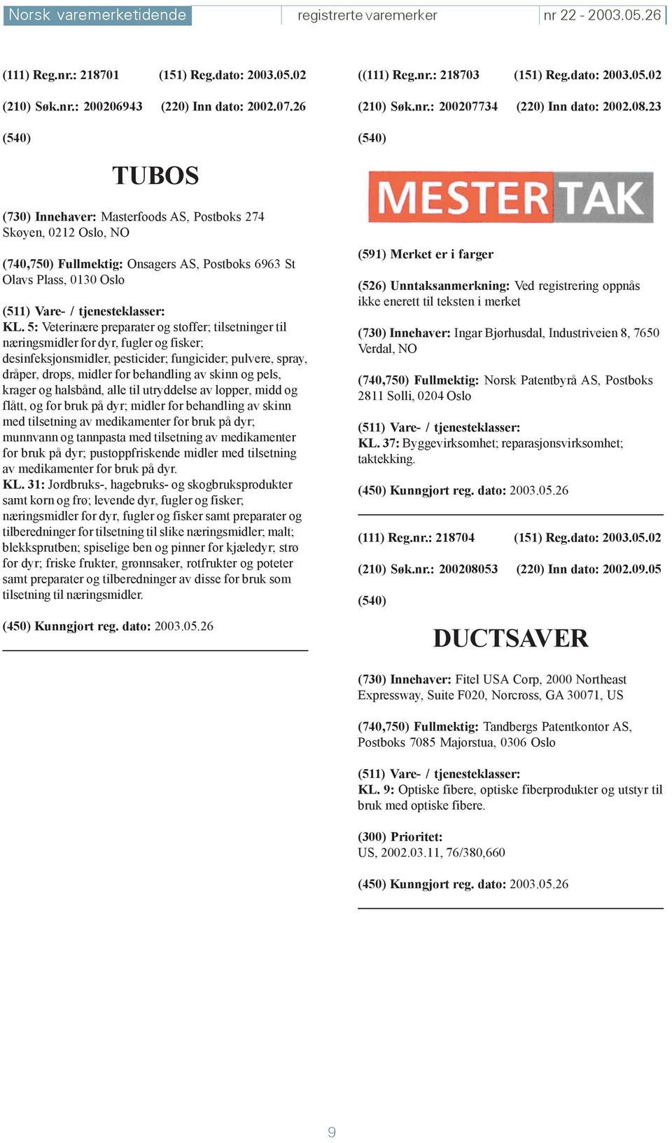 23 TUBOS (730) Innehaver: Masterfoods AS, Postboks 274 Skøyen, 0212 Oslo, NO (740,750) Fullmektig: Onsagers AS, Postboks 6963 St Olavs Plass, 0130 Oslo KL.