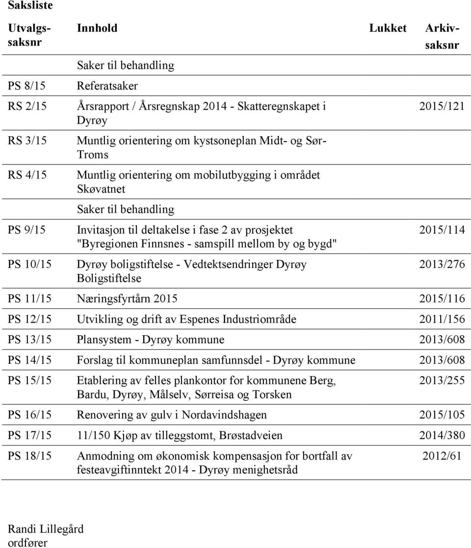 samspill mellom by og bygd" Dyrøy boligstiftelse - Vedtektsendringer Dyrøy Boligstiftelse 2015/121 2015/114 2013/276 PS 11/15 Næringsfyrtårn 2015 2015/116 PS 12/15 Utvikling og drift av Espenes