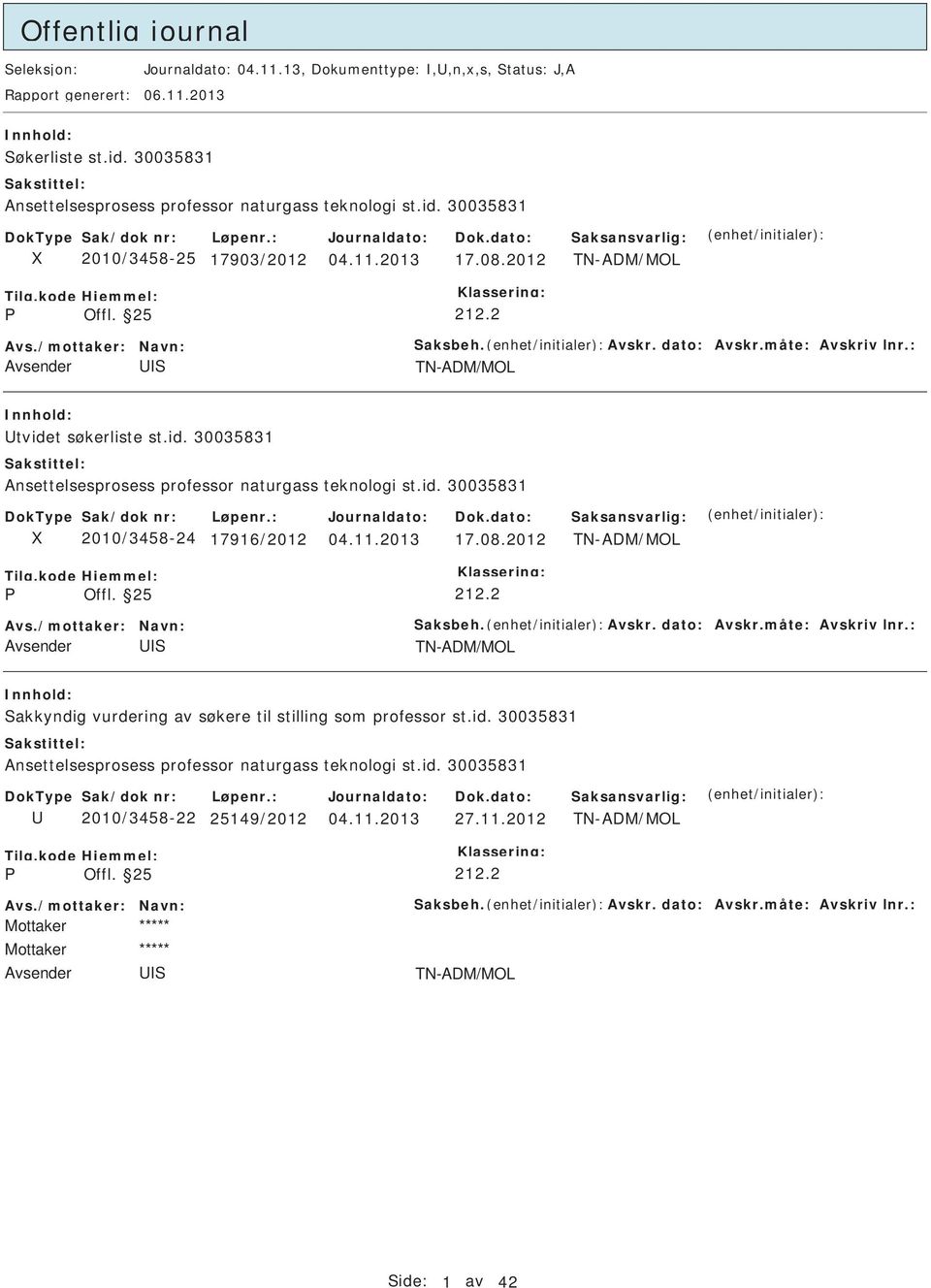 2 TN-ADM/MOL tvidet søkerliste st.id. 30035831 Ansettelsesprosess professor naturgass teknologi st.id. 30035831 2010/3458-24 17916/2012 17.08.