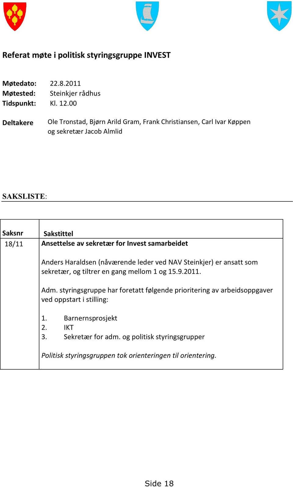 sekretærfor Investsamarbeidet AndersHaraldsen(nåværendeledervedNAVSteinkjer)er ansattsom sekretær,og tiltrer en gangmellom1 og 15.9.2011. Adm.